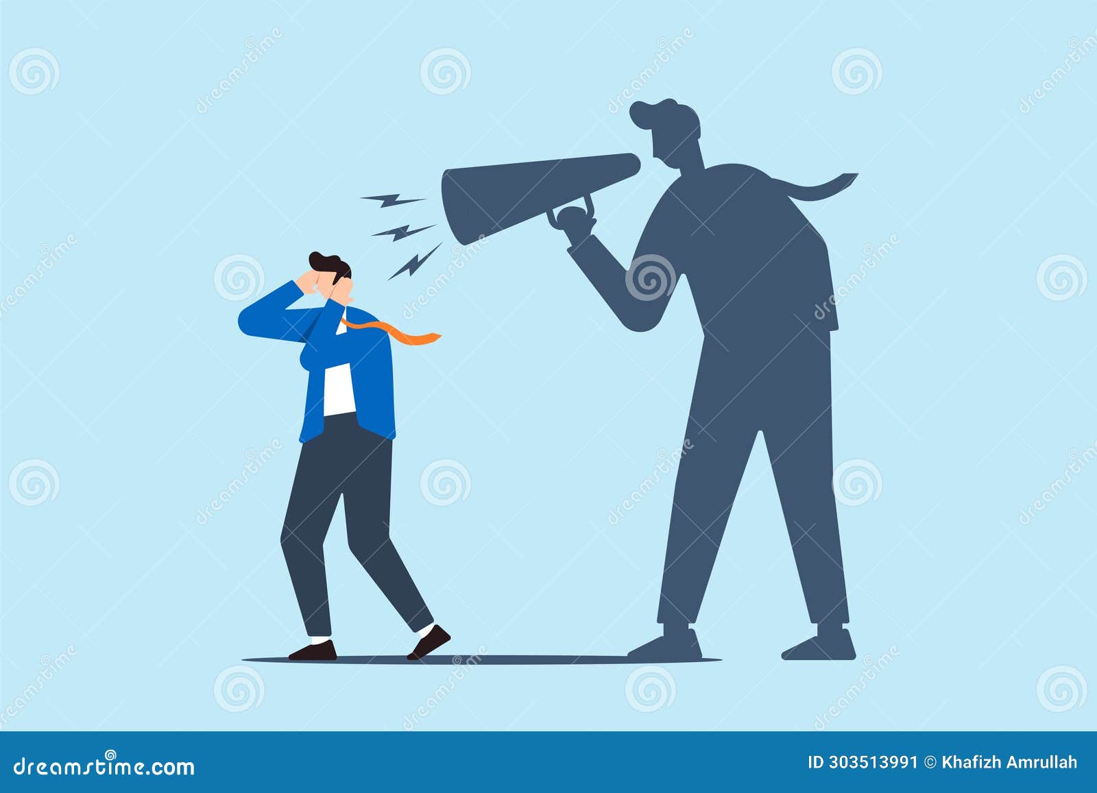 depressed businessman self shadow blame with megaphone