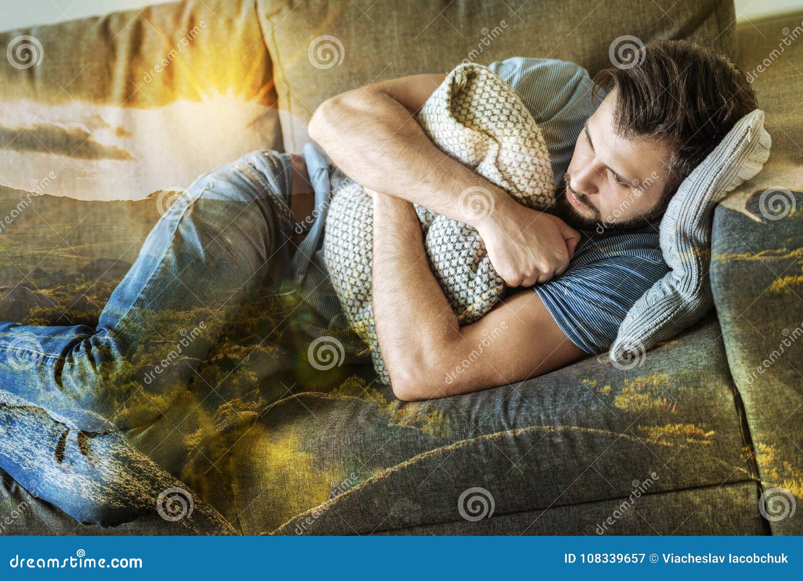 Depressed Exhausted Man Looking Aside and Hugging the Pillow ...
