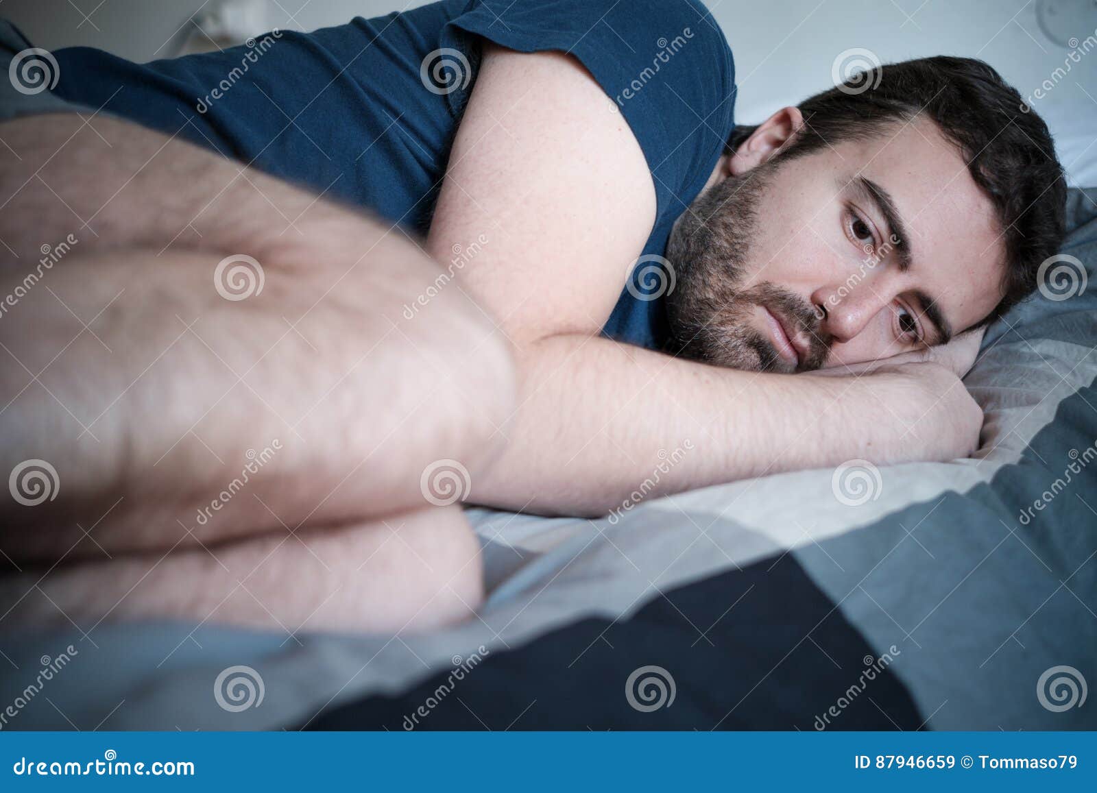 Depressed Man Lying in Bed Feeling Bad Stock Image Image of