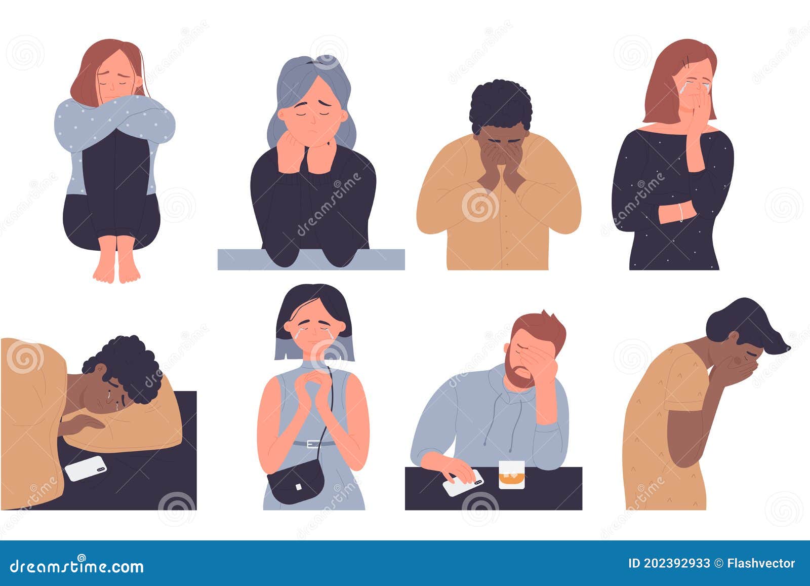 Depressed People, Sad Unhappy Stressed Characters Crying Stock Vector ...