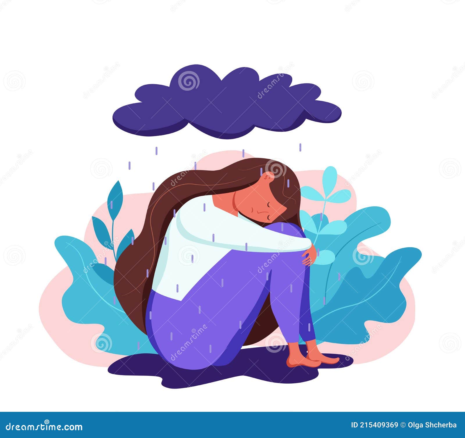 Depressed Sad Lonely Woman in Anxiety, Sorrow Vector Cartoon ...