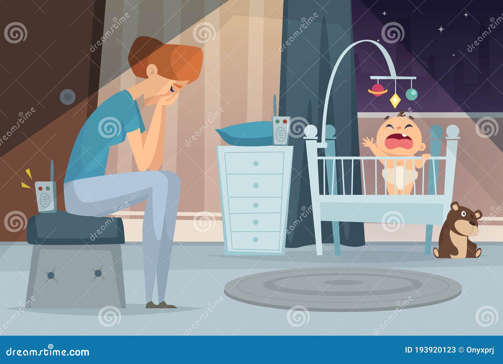 Depressing Mother. Tired Woman Sitting Near Screaming Baby in Bed Sick  Child Vector Cartoon Background Stock Vector - Illustration of childcare,  depressed: 193920123
