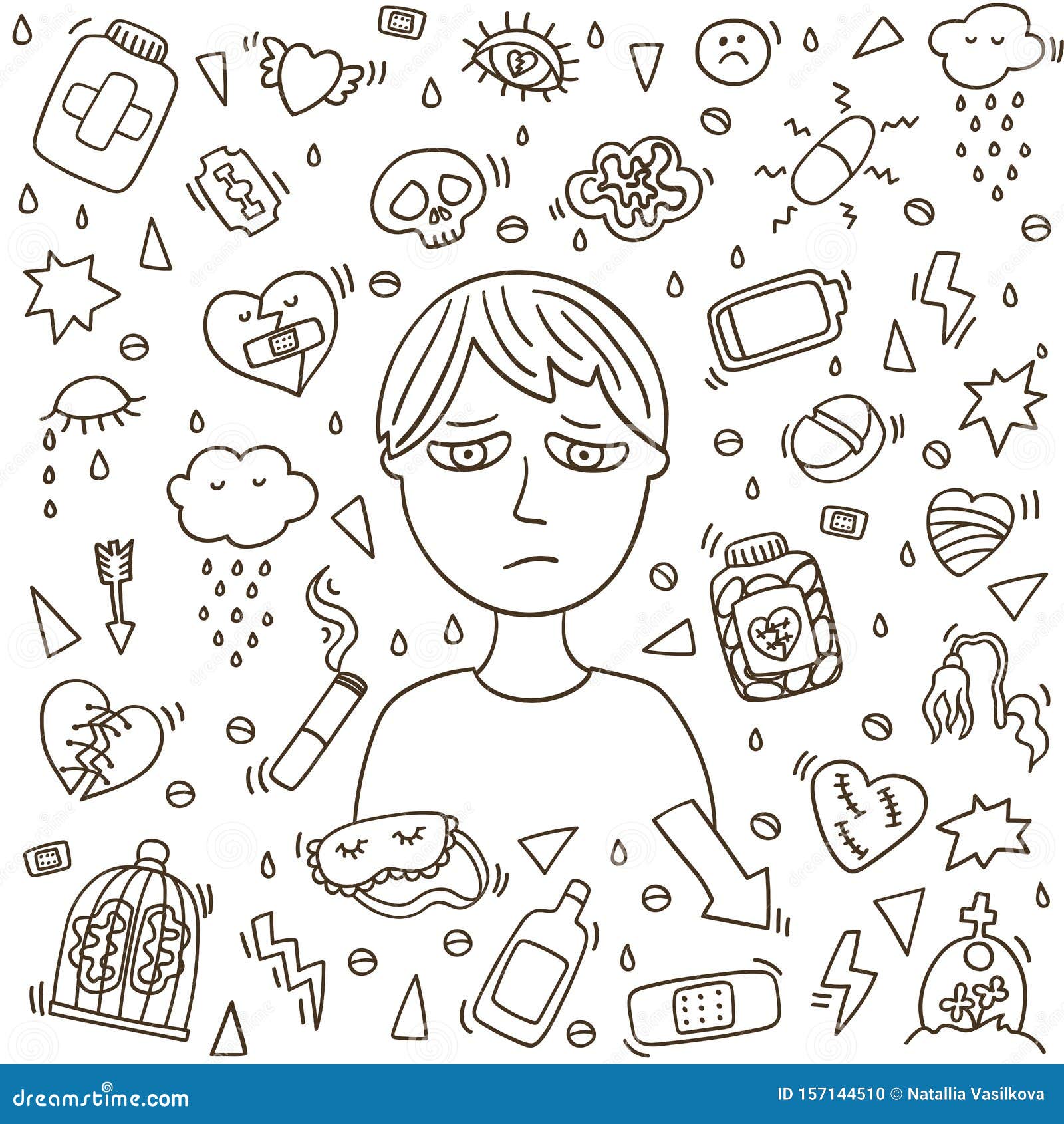 Depression Boy Doodle. Heartbreak and Sad Doodle Boy Stock Vector ...