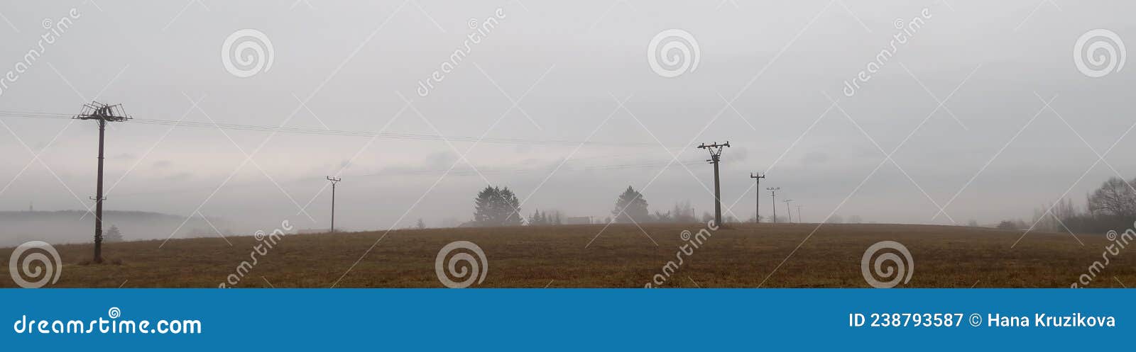 depressive, ghostlike and foggy winters day in czech countryside. meadow with electric posts in the fog