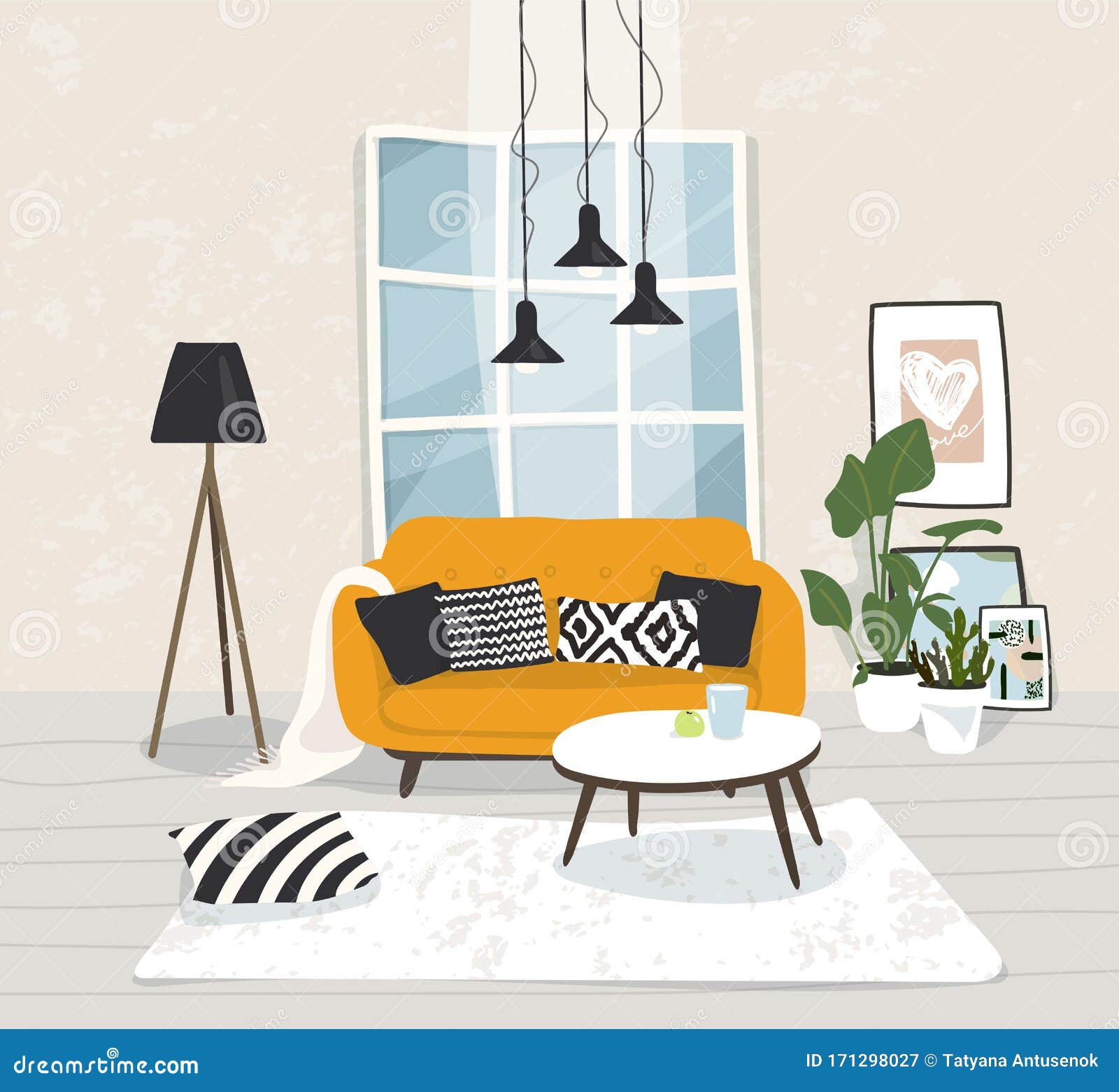 Der Moderne Minimalistic Nordischer Wohnungsinnenraum Wohnzimmer Mit Mobeln Sofa Blumen Ein Poster Mit Einem Sehr Netten Raum Fl Stock Abbildung Illustration Von Nordischer Minimalistic