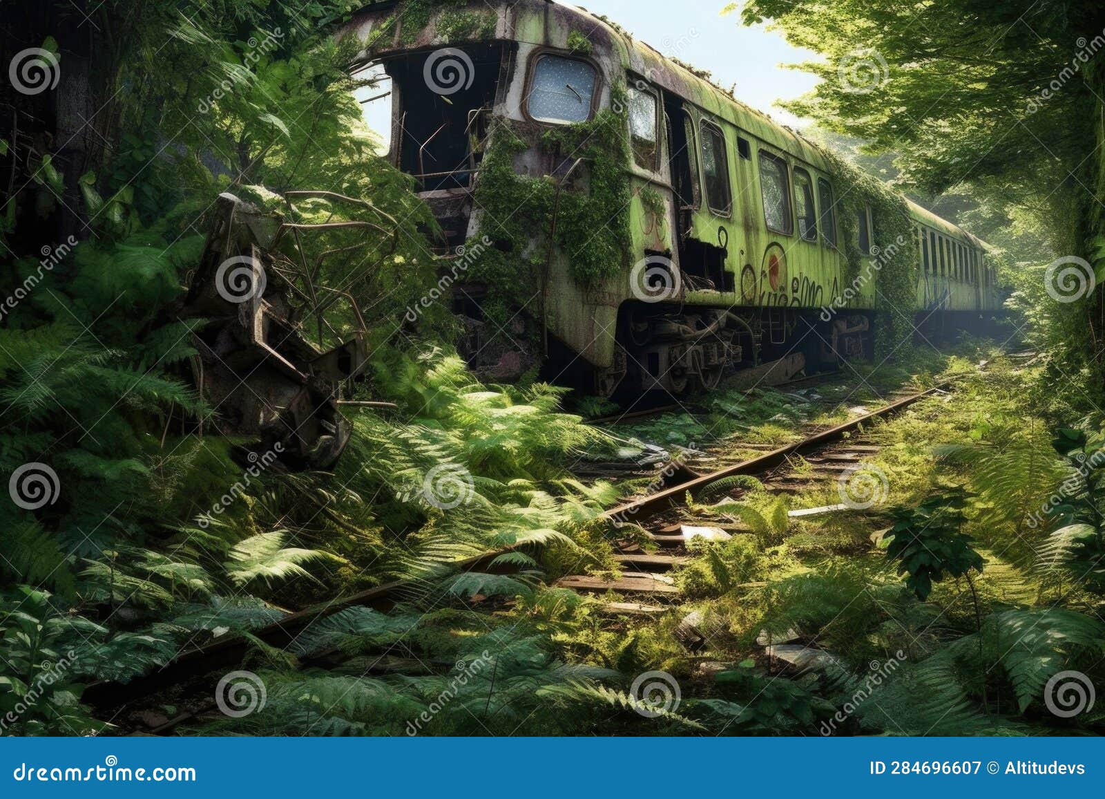 derailed train car with nature reclaiming the area