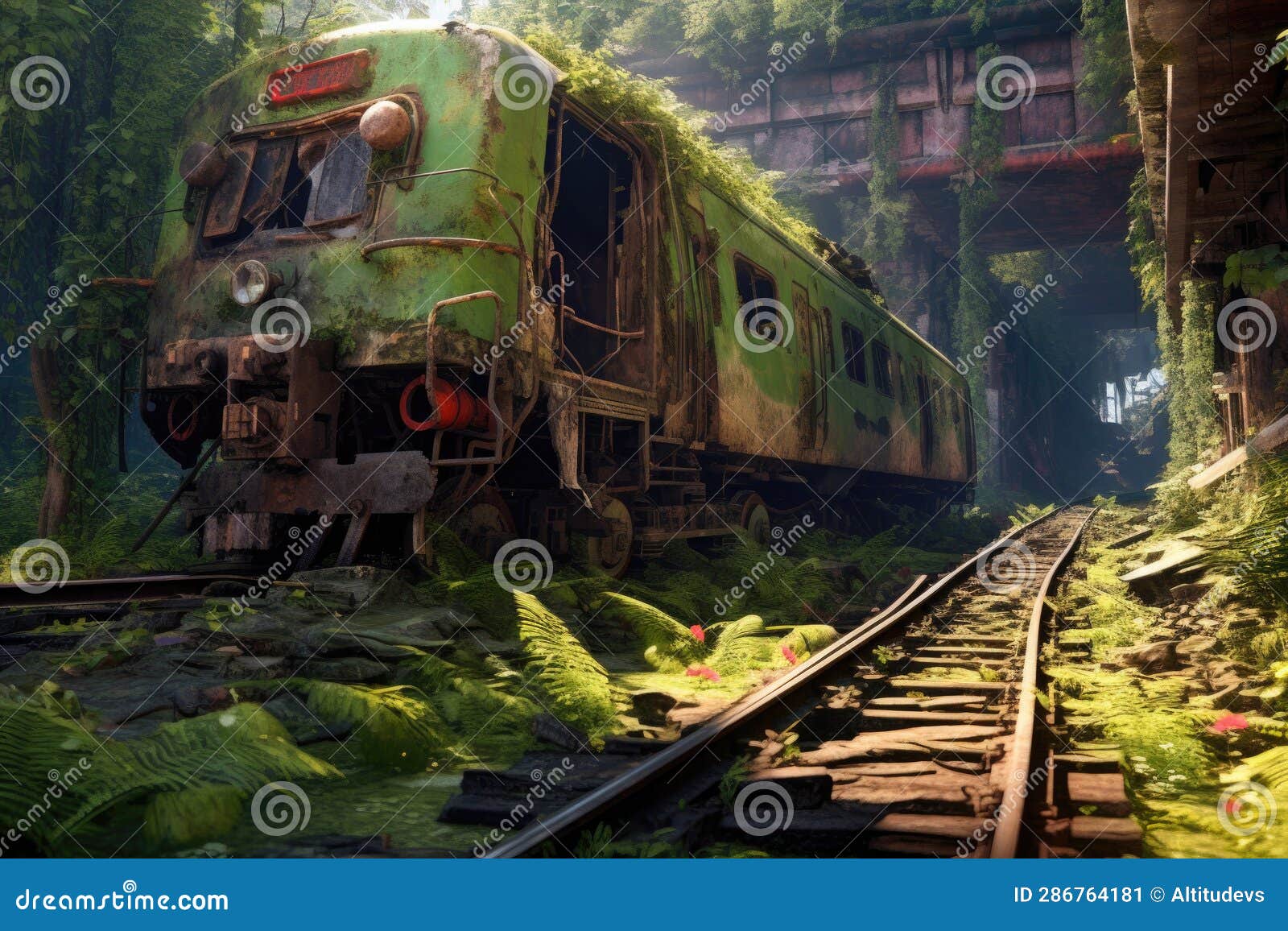 derailed train car with nature reclaiming the area