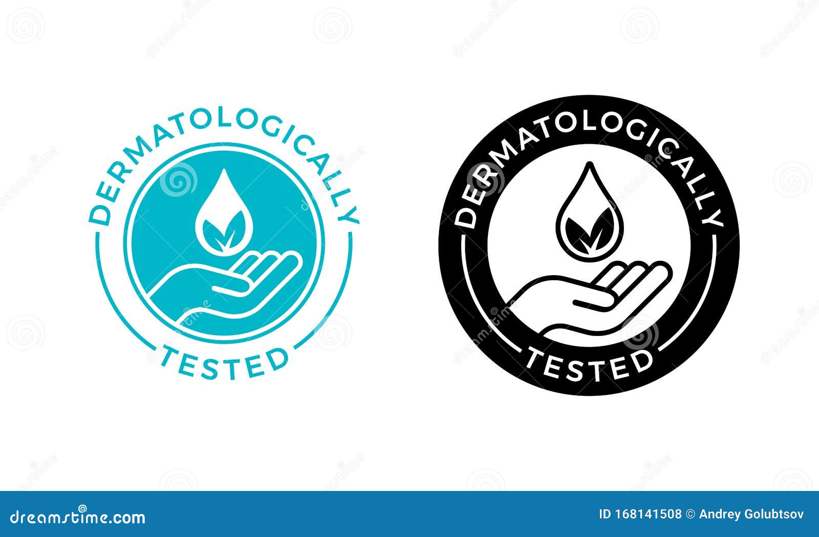 dermatologically tested  label with water drop, leaf and hand. dermatology test and dermatologist clinically proven icon for
