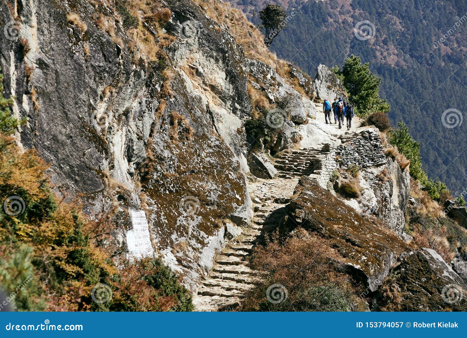 Des randonneurs marchent jusqu'au village de Himalayas sur le chemin du camp de base de l'Everest. Des randonneurs marchent jusqu'au village sur le sentier de l'Himalayas sur la route du camp de base de l'Everest, de la vallée de Khumbu, du parc national de Sagarmatha, de la zone de l'Everest, au Népal