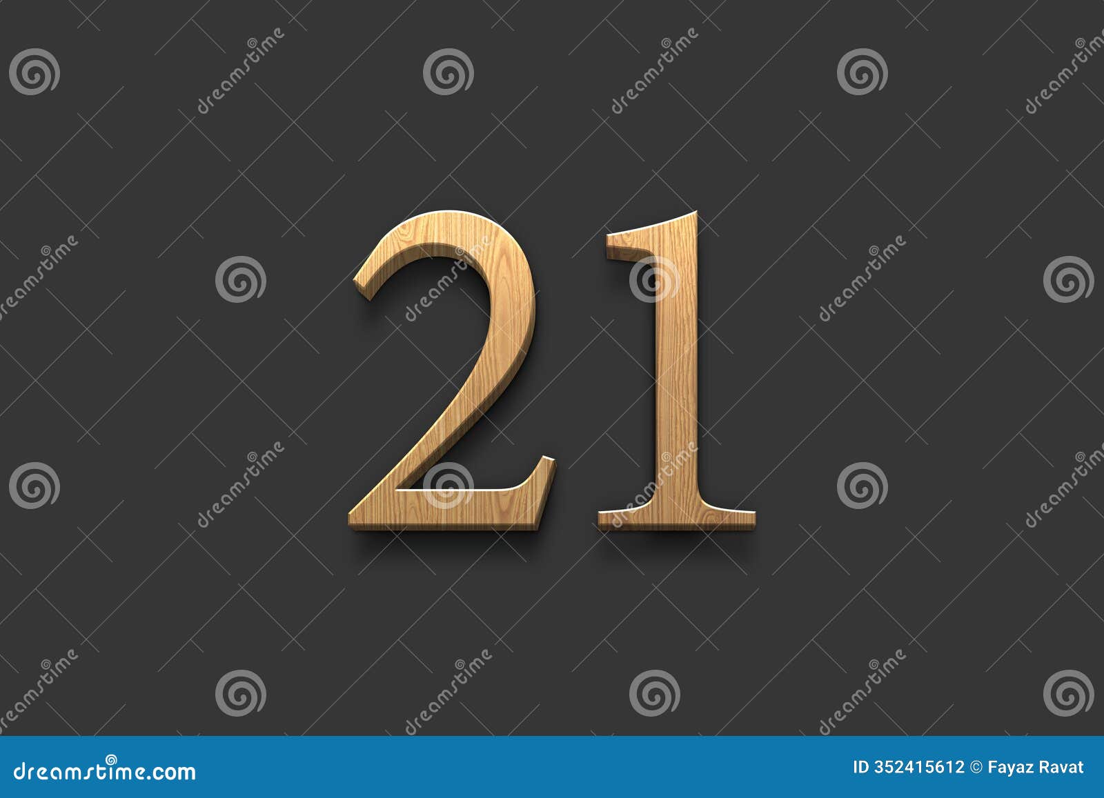 3d wooden logo of number 21 on dark grey background.