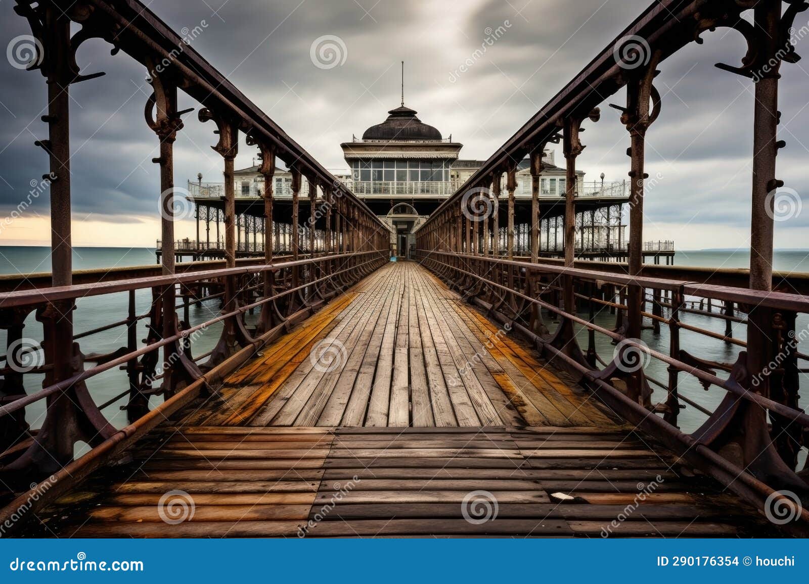 a wooden retro dock bridge pier. steampunk vintage style. noire, noir.
