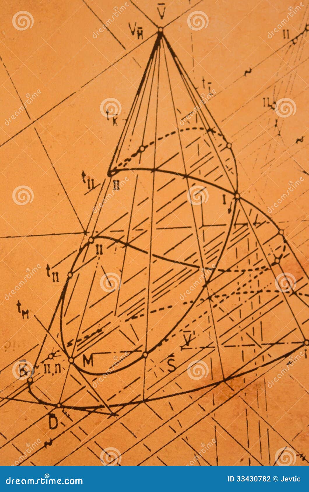 descriptive geometry old sketch yellowed paper 33430782