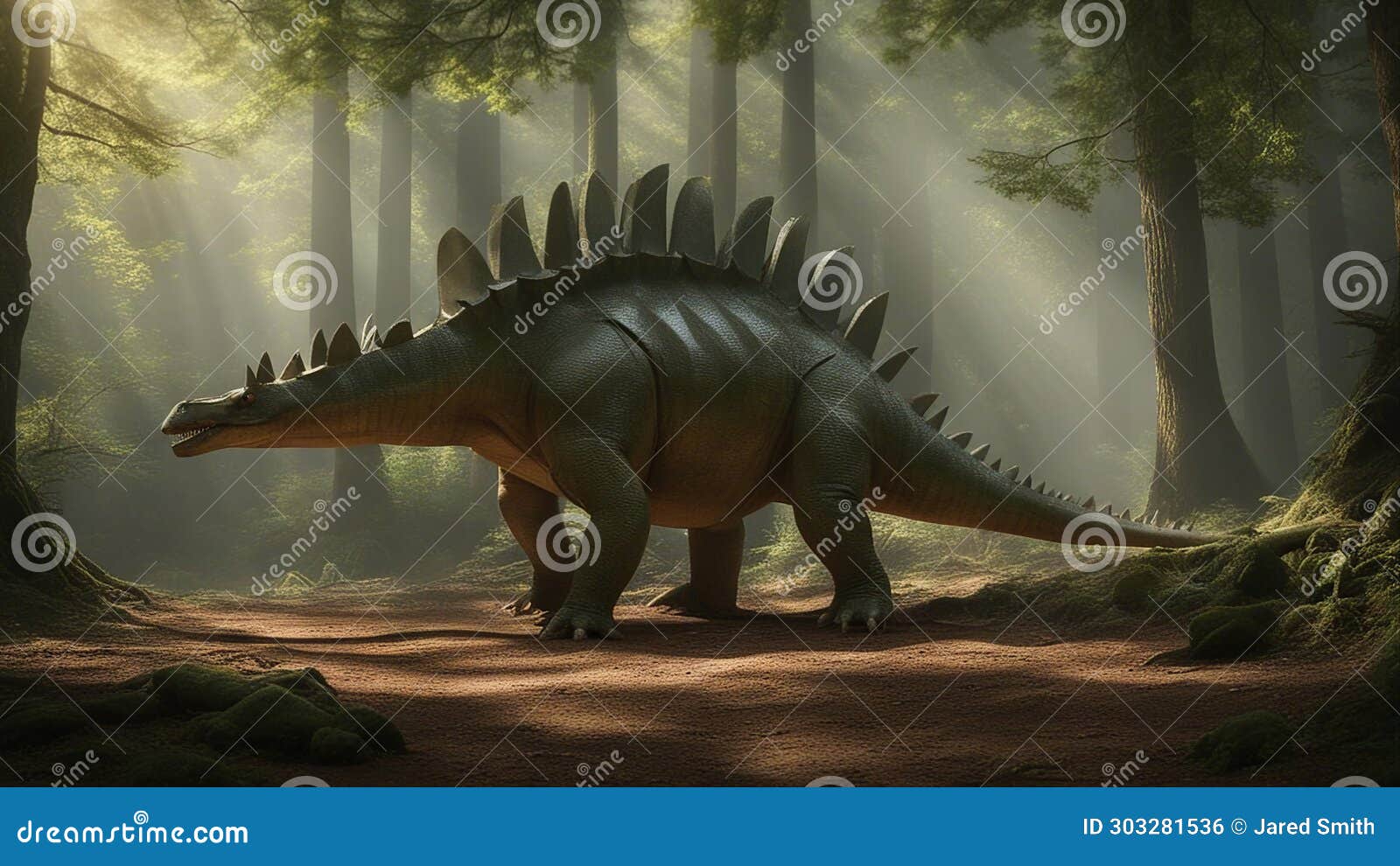 a descriptive scene with a stegosaurus walking through a forest. the stegosaurus is green and scaly