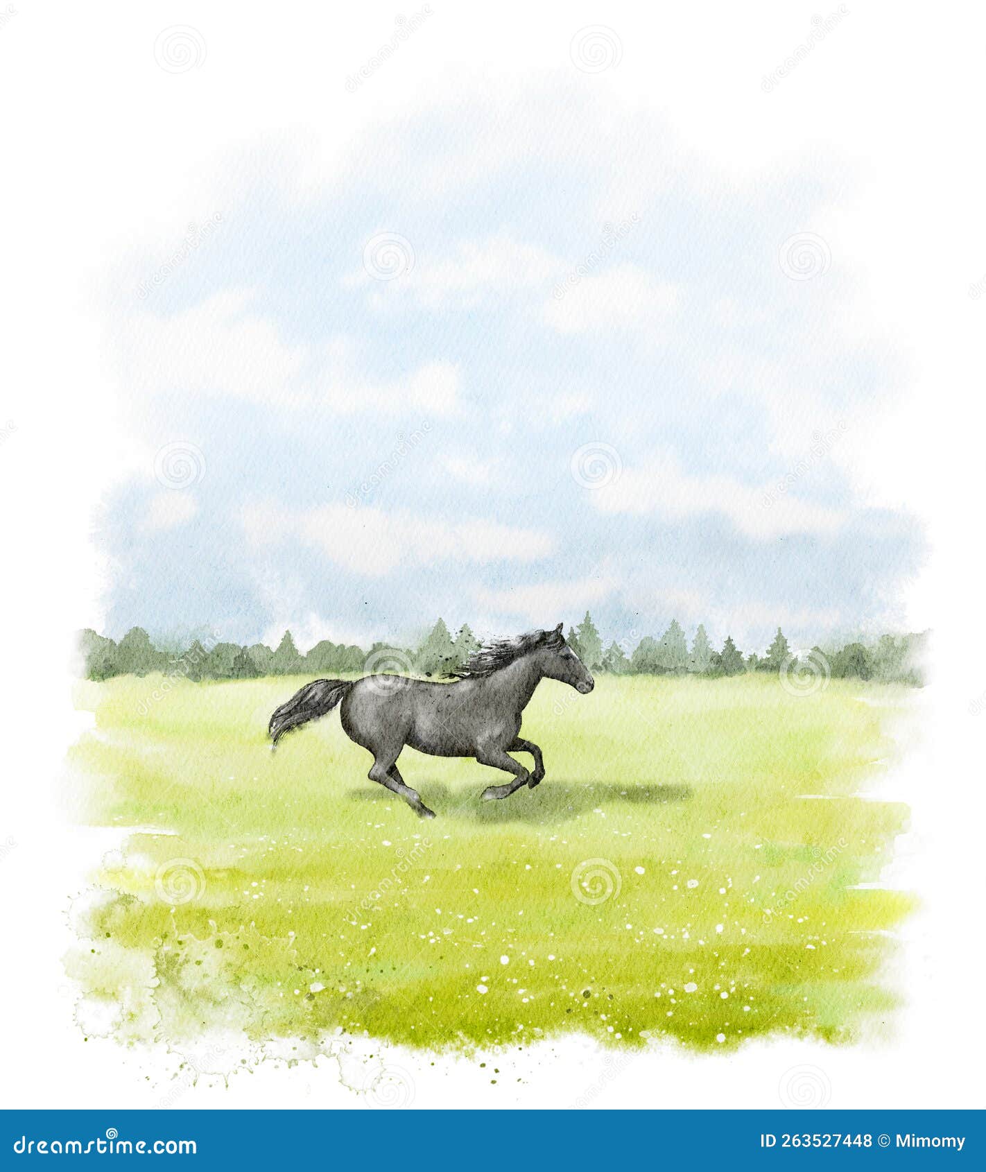 cavalo correndo estilo aquarela preto e branco sobre fundo branco