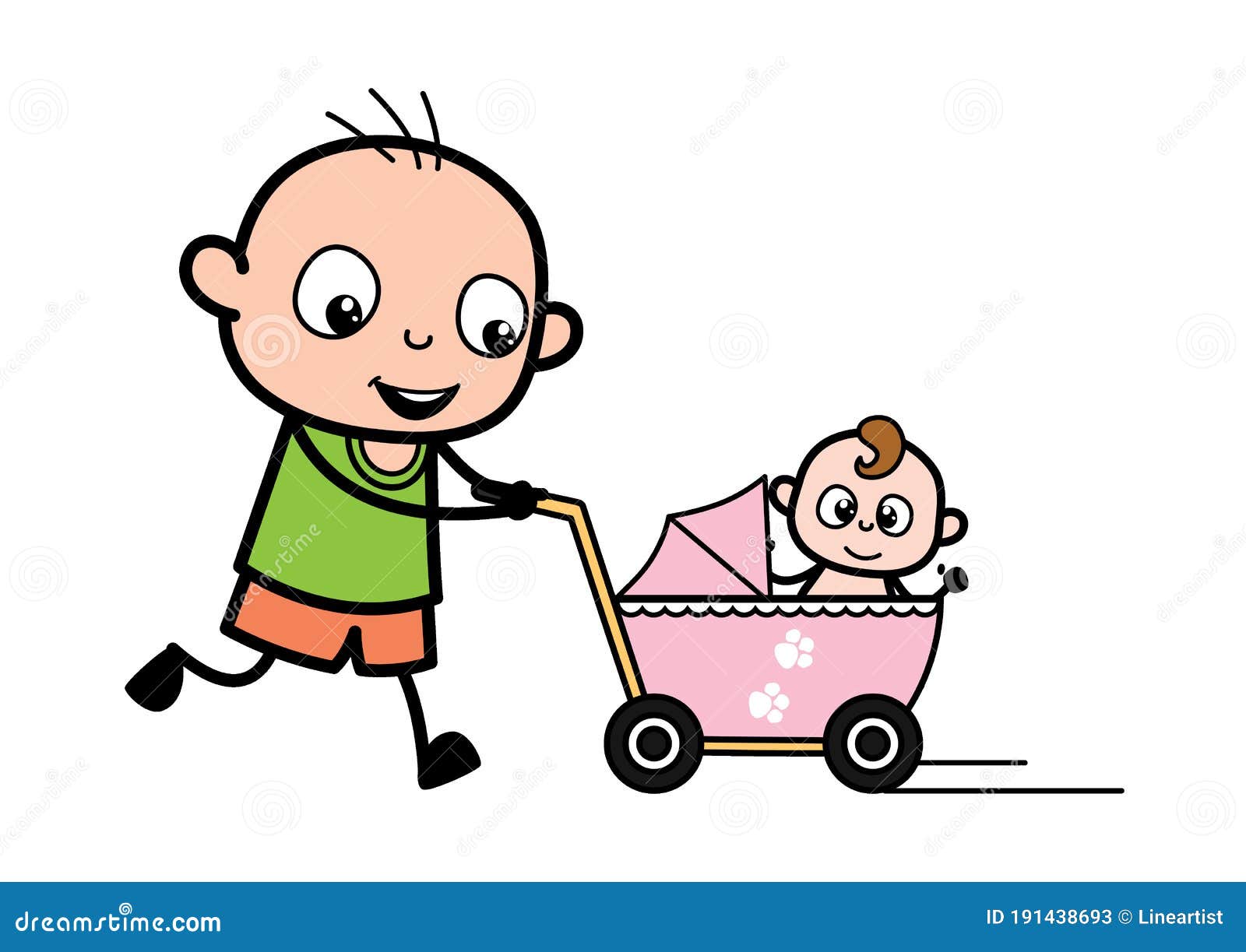 Desenho Animado Careca Com Carrinho De Bebê Ilustração Stock