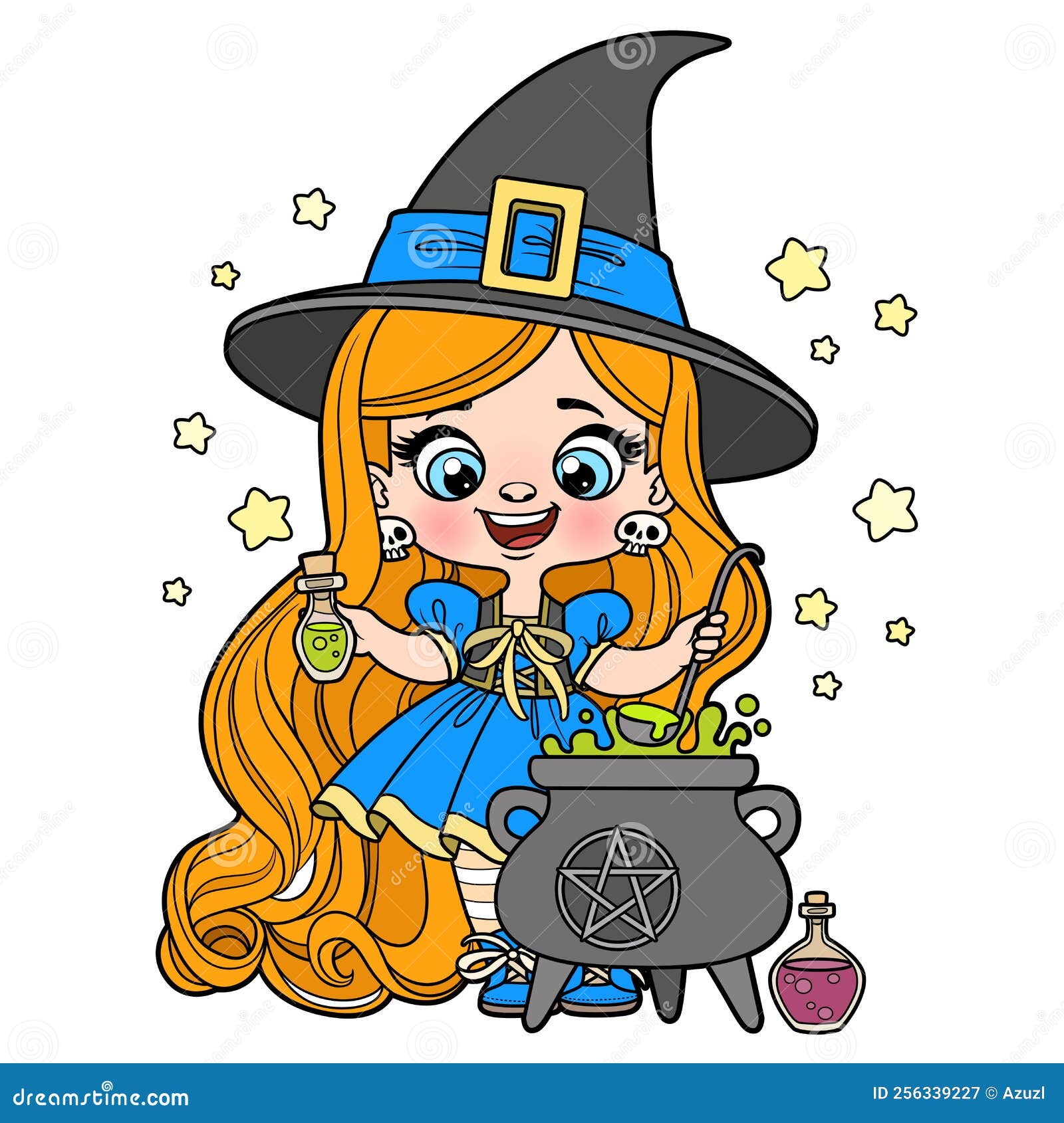 Desenho Animado De Longa Cabeleira Em Vestido De Bruxa De Halloween Cria Poção Em Um Caldeirão Esboçado Para a Página De Colorir E Ilustração Stock - Ilustração de rabisco, pintura: 256339232