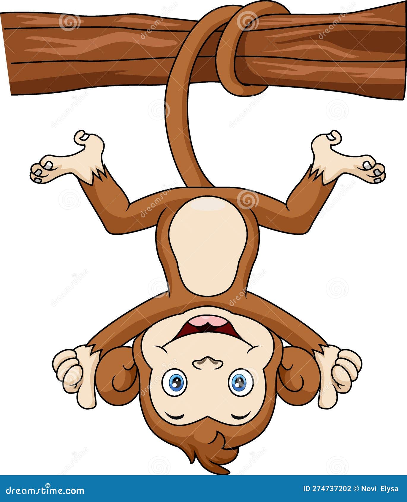 Macaco de bebê dos desenhos animados, pendurado em um galho de árvore