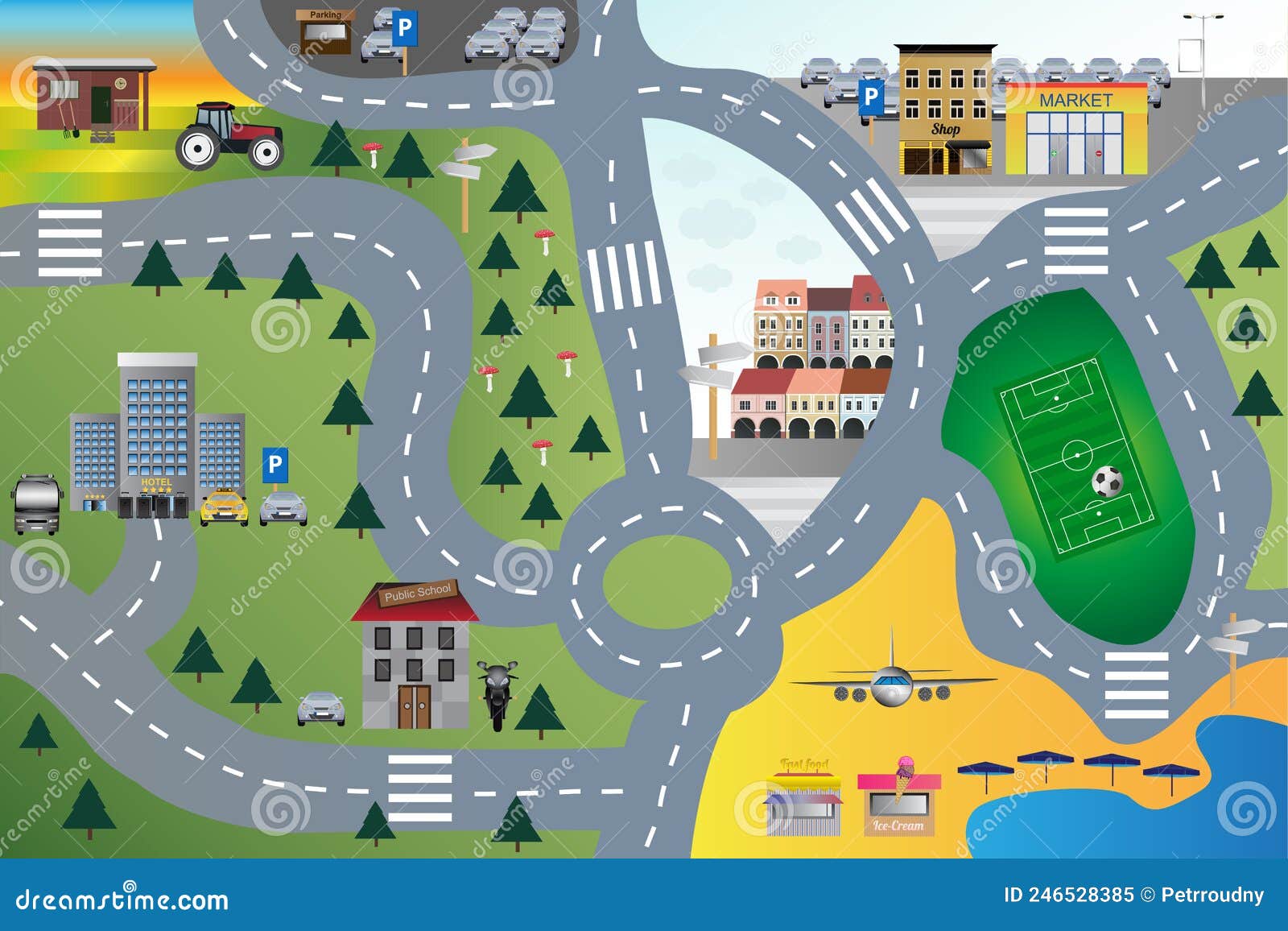 Mapa da cidade de crianças com estradas e carros para decoração de berçário  infantil. aldeia ou labirinto de rua da cidade para o tapete. fundo do  vetor do jogo de tabuleiro dos