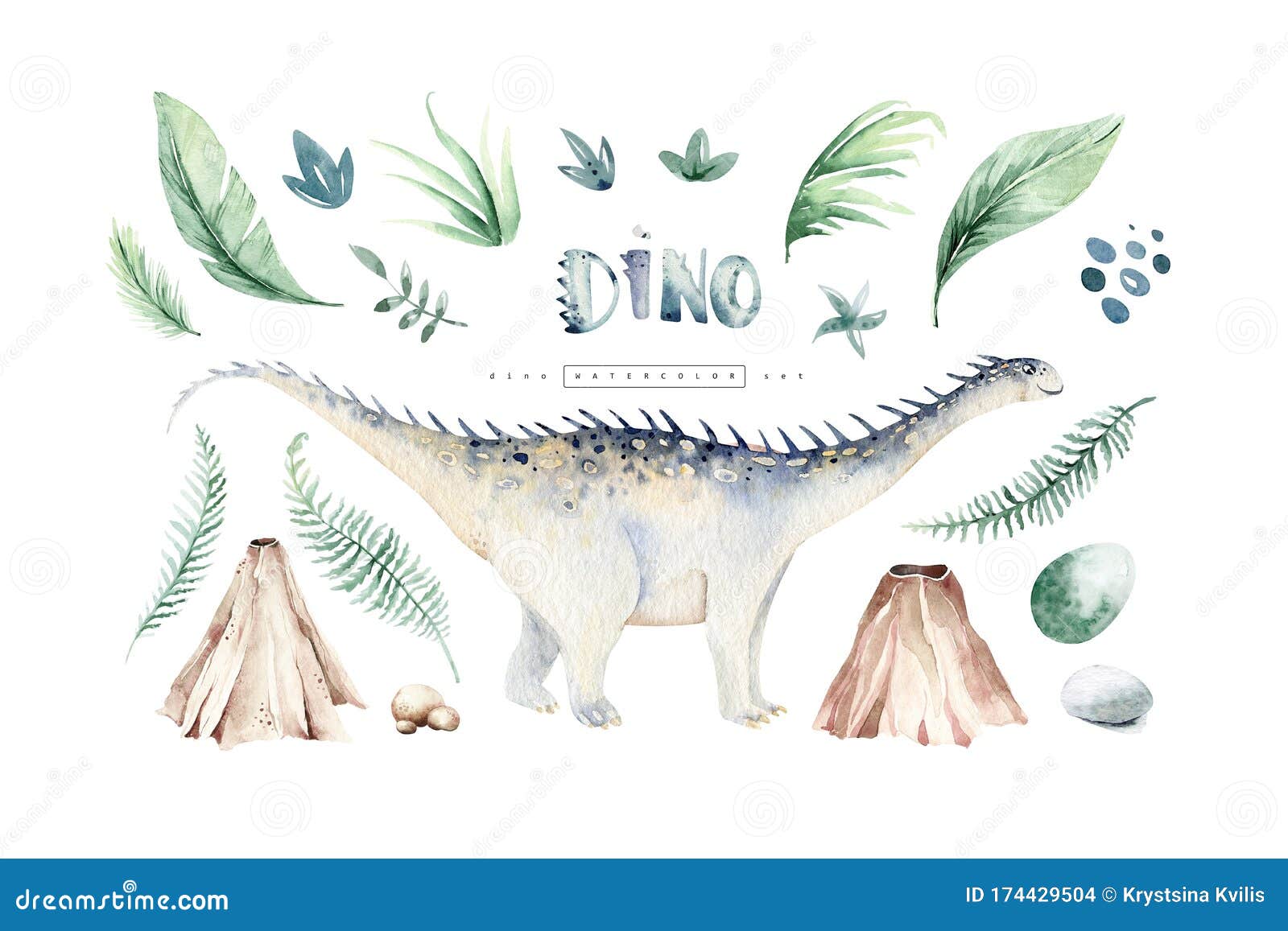 Conjunto de dinossauros de desenhos animados bonitos em aquarela pintados à  mão