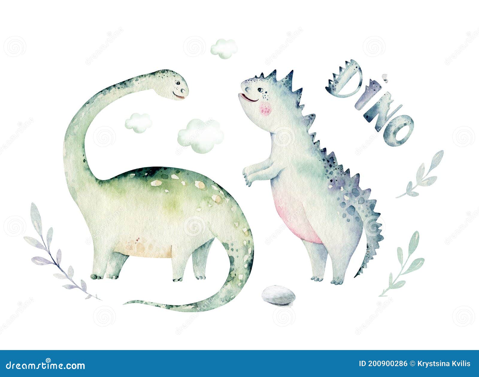 Conjunto de dinossauros de desenhos animados bonitos em aquarela pintados à  mão