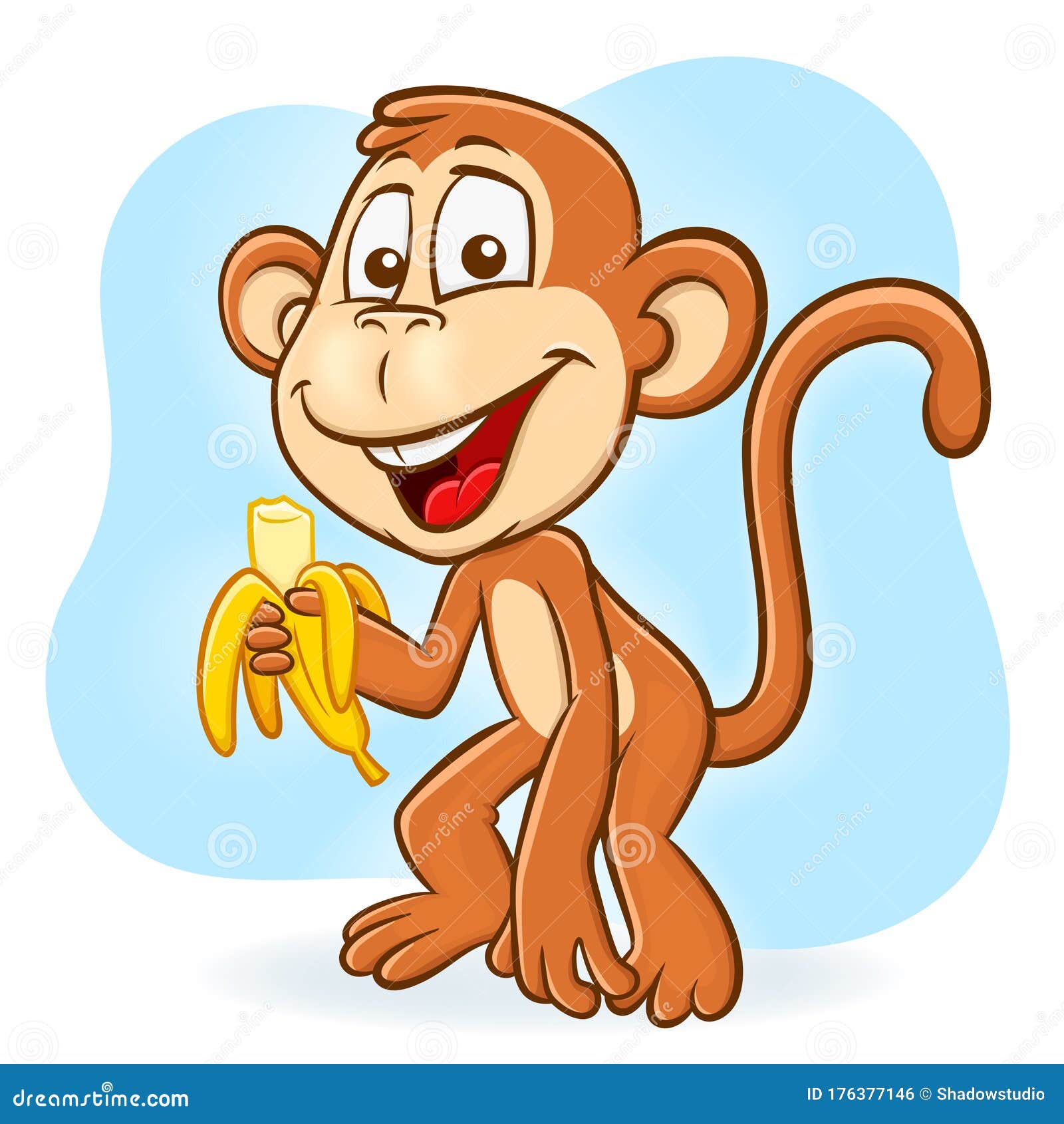 Macaco bonito dos desenhos animados comendo banana