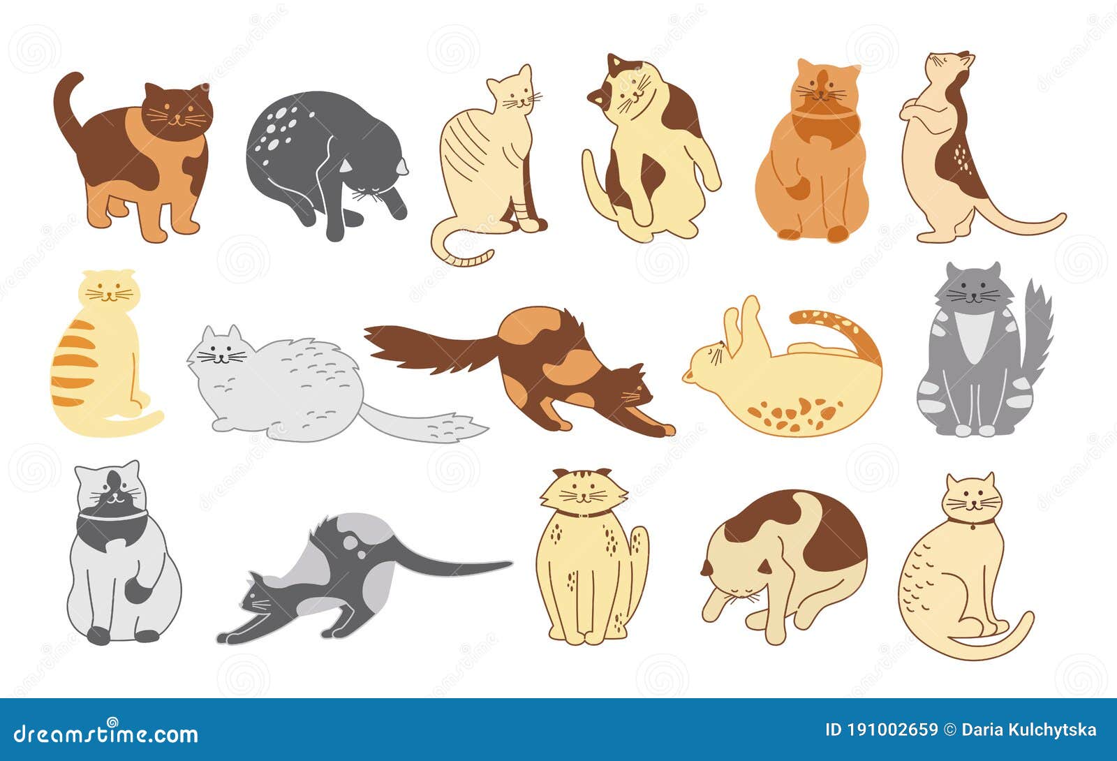 A coleção de gatinhos fofos fofos joga ou dorme. vector felino fofo