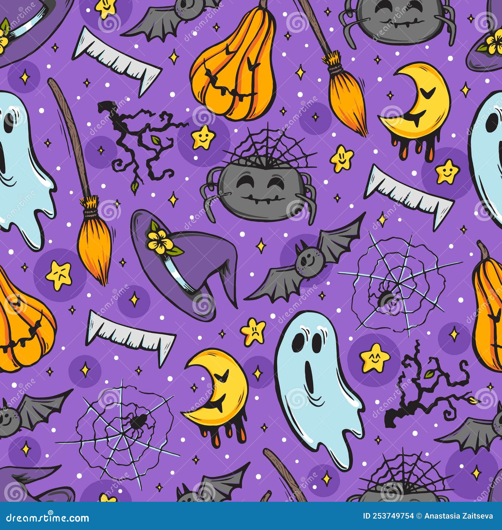 Grande padrão sem emenda de halloween com elementos de estilo doodle  simples de desenho animado