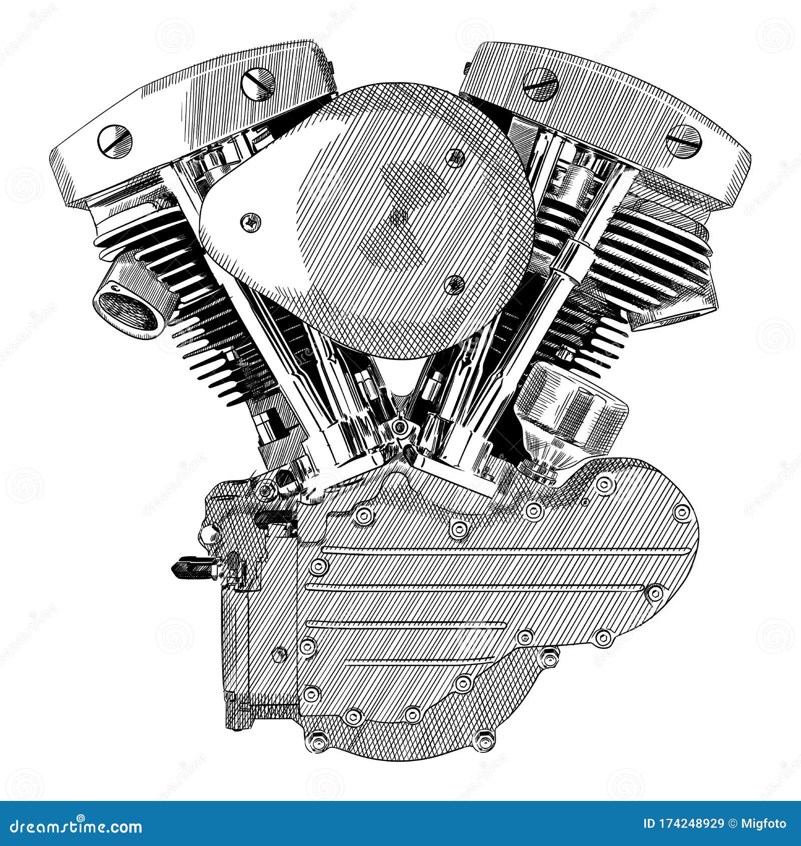 Desenho de um motor de combustão interna em um vetor de fundo branco