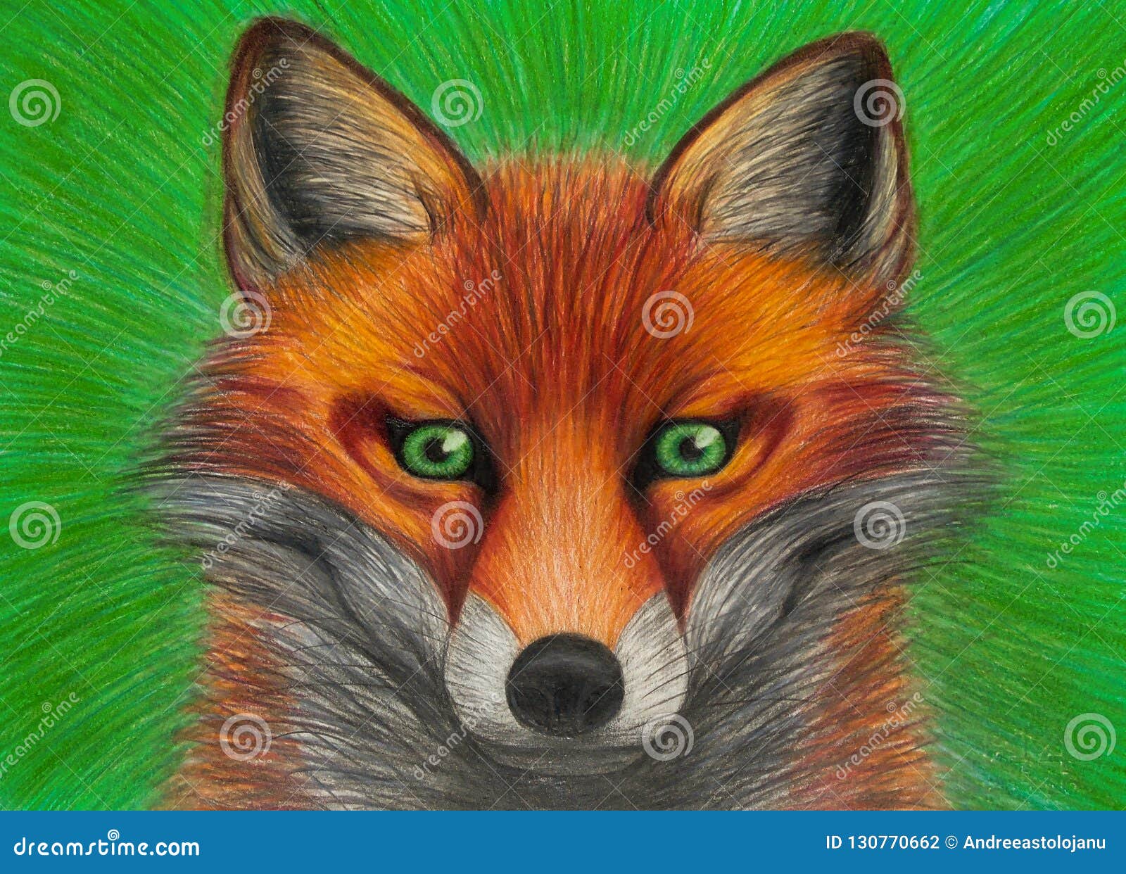 Desenho Do Retrato Da Raposa Vermelha Com Os Olhos Verdes No Fundo
