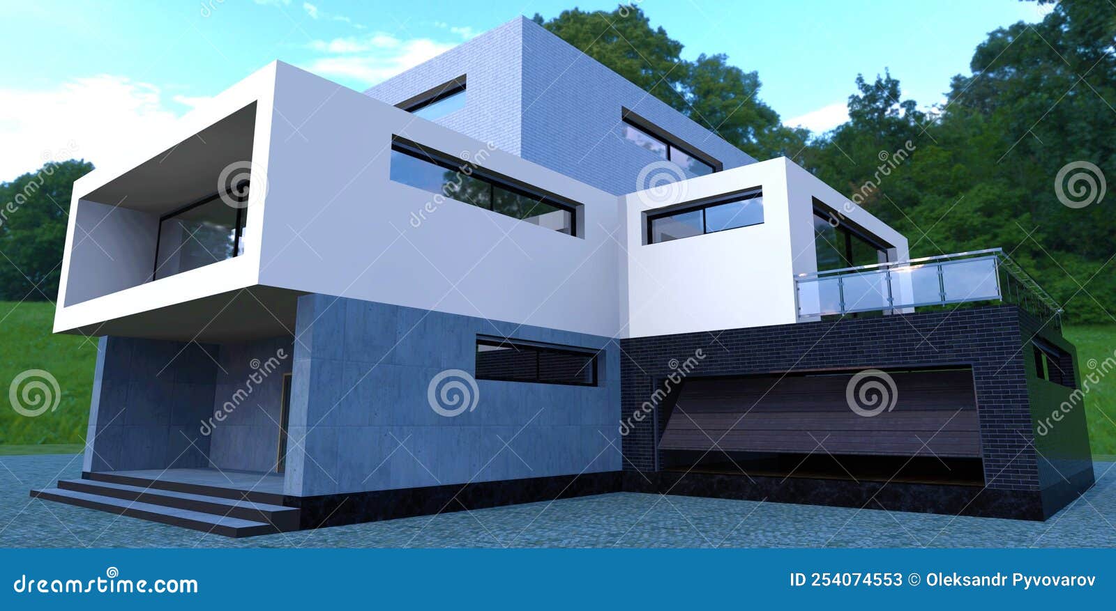 Renderização em 3d de uma casa moderna com fachada escura. casa com janelas  panorâmicas e terraço. tijolo