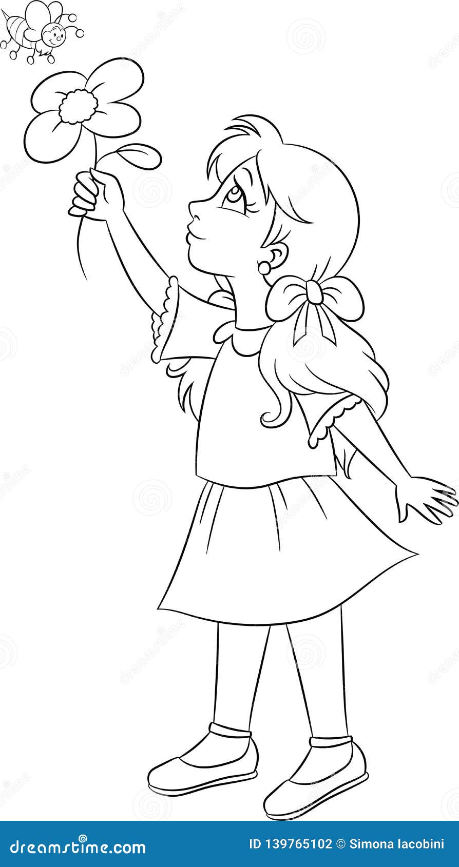 Desenho Preto E Branco, Do Contorno Do Kawaii De Uma Menina Que Mostra Uma  Flor a Uma Abelha Para O Livro Para Colorir Das Crianç Ilustração do Vetor  - Ilustração de flor