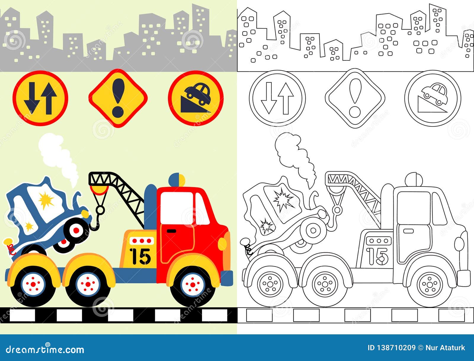 Ilustração vetorial desenhada à mão, cor, crianças, construção, caminhão de  reboque rebaixado