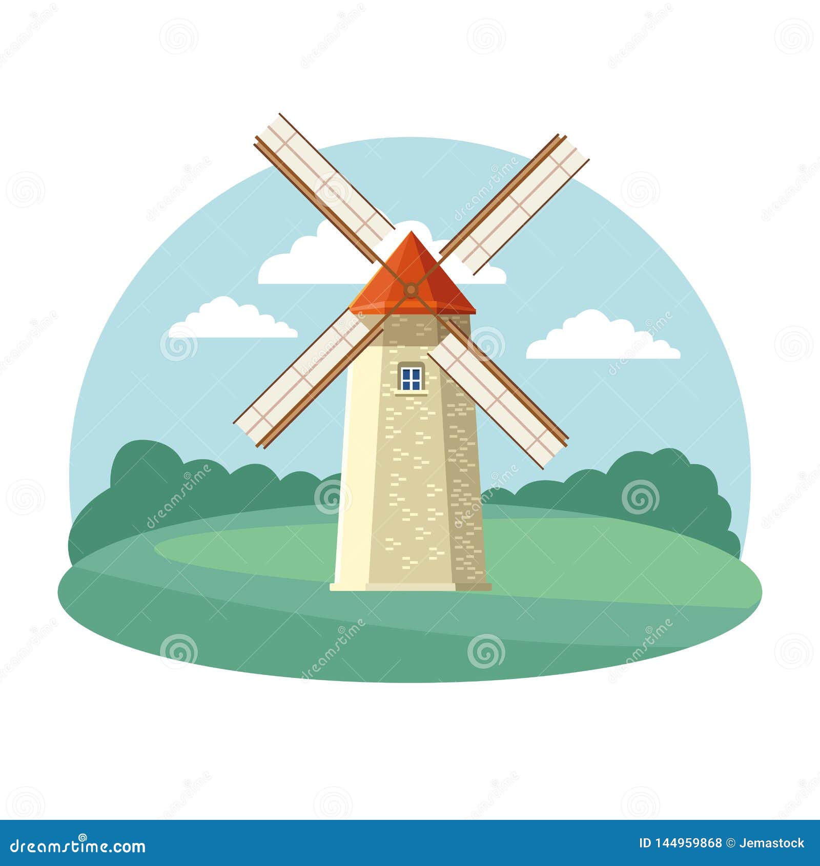 Moinho de vento isolado em estilo cartoon