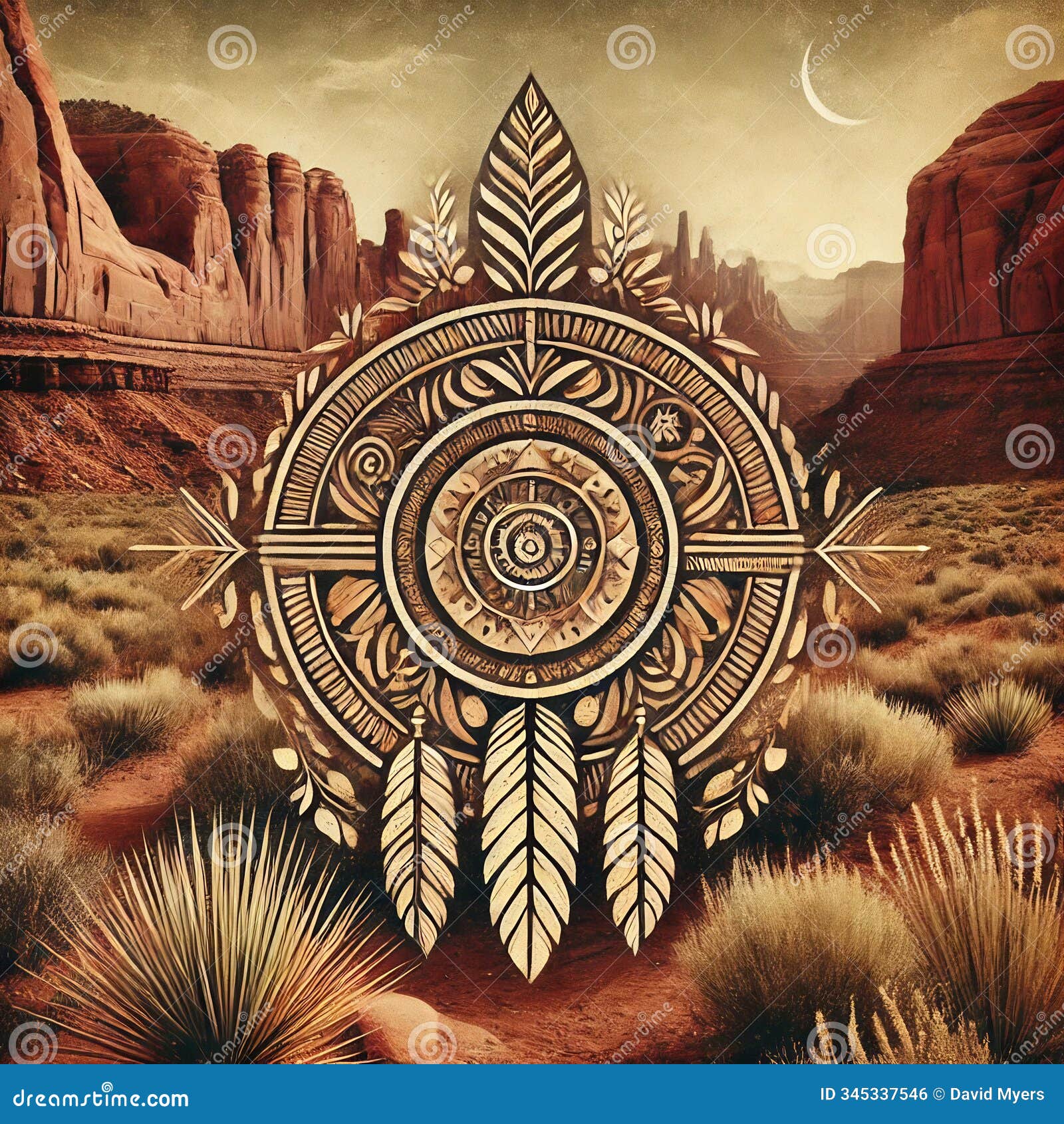 a desert landscape with mountains in the background, featuring an intricate native american-inspired circular 