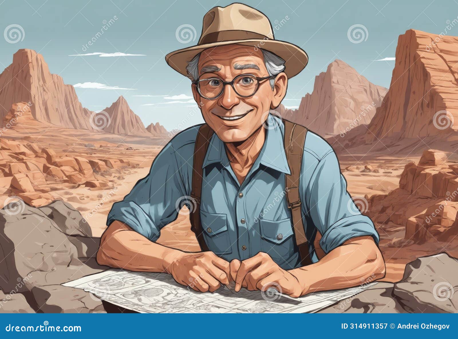desert navigator: explorer with map amidst towering plateaus