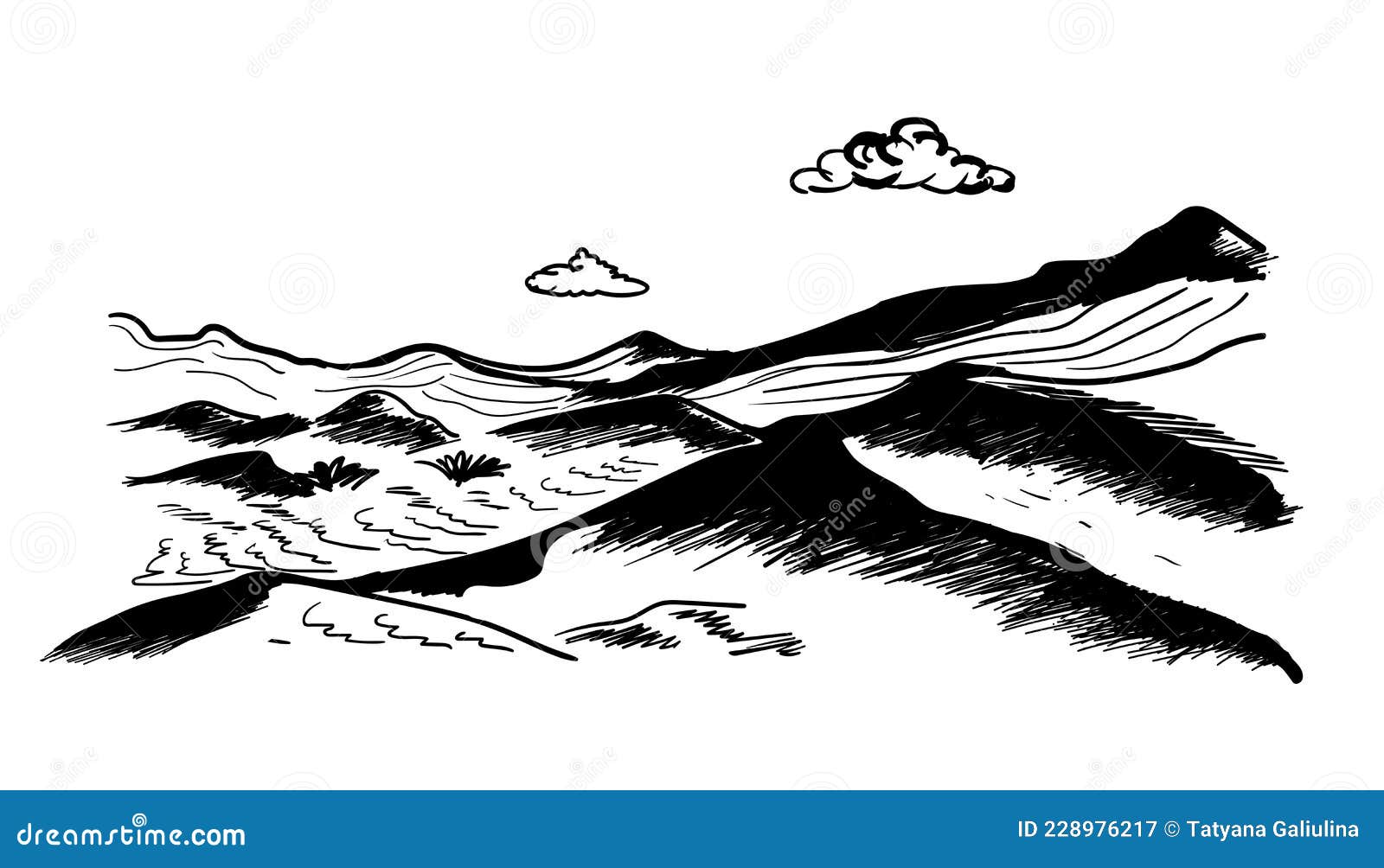 Desert Sand Dunes Sketch Vector Black and White Illustration Stock