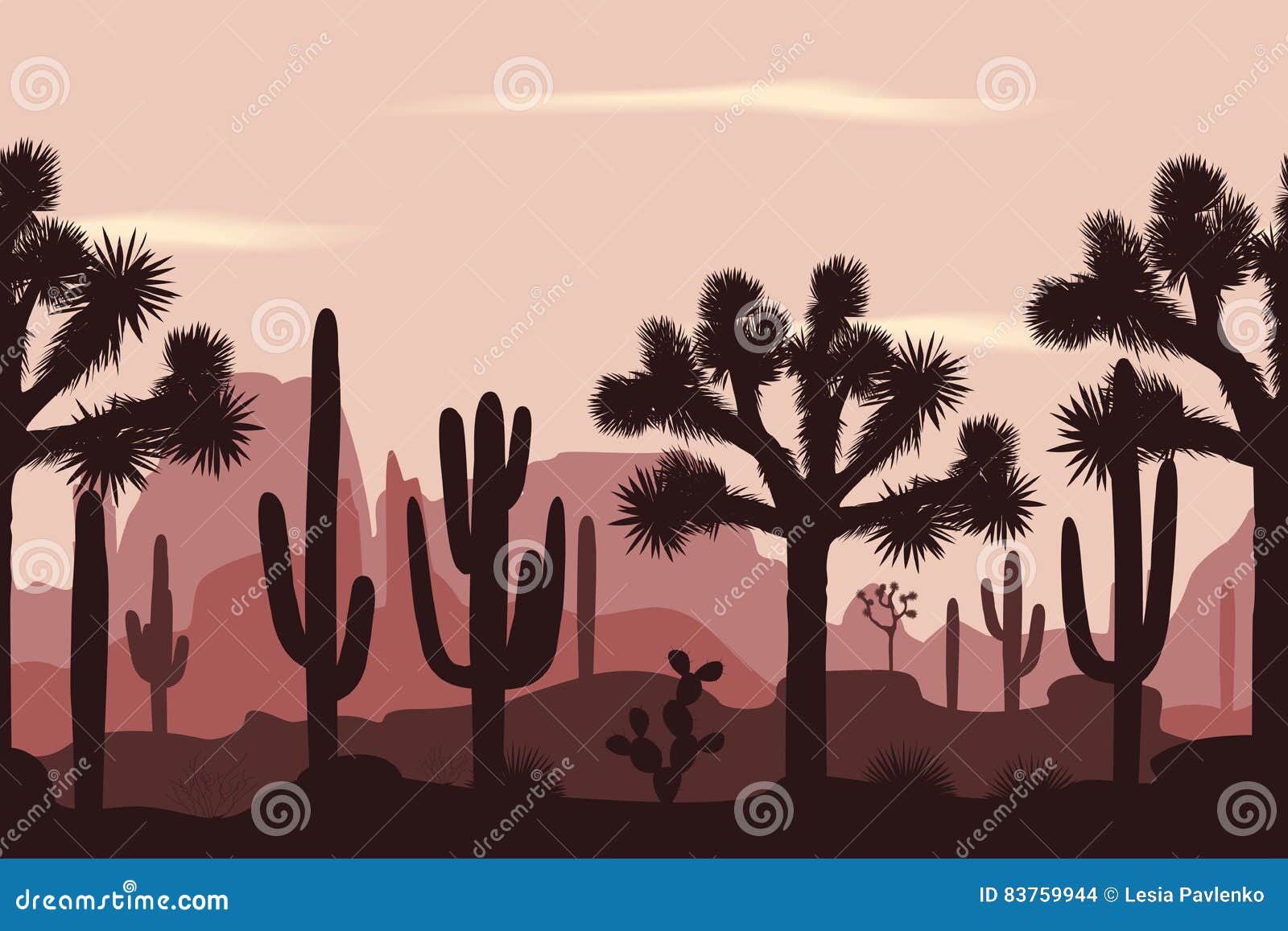 desert seamless pattern with joshua trees and saguaro cacti.