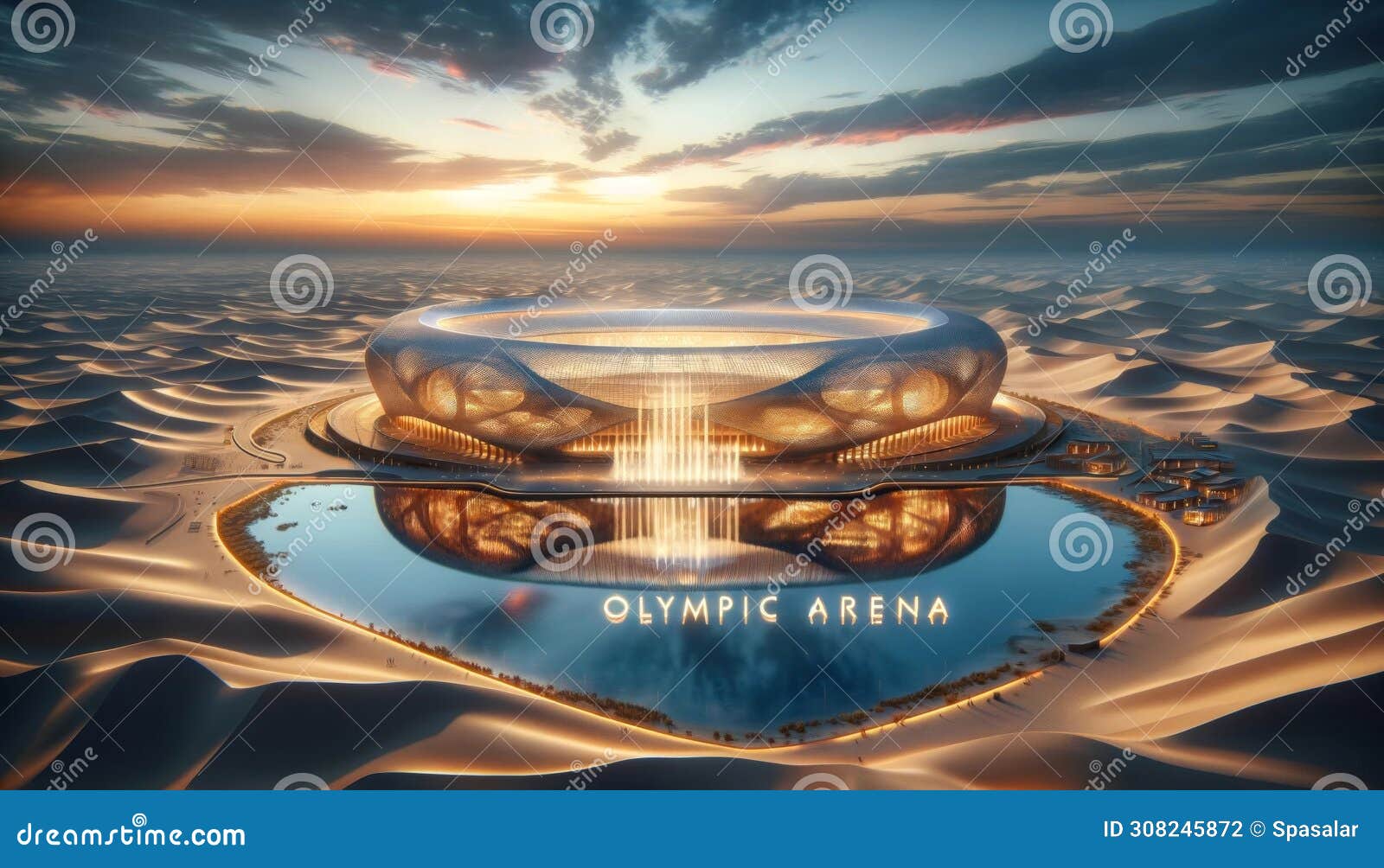 desert stadium with a mirage-like water. generative ai