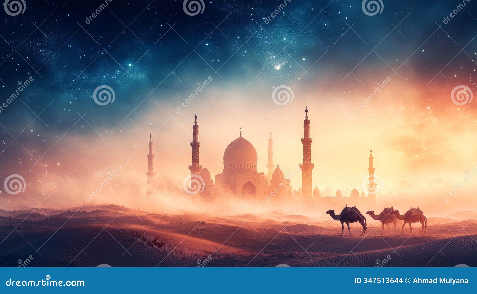 desert themed ramadan background with a camel at the edges and corners, a blurred mosque dome in the background. suitable for