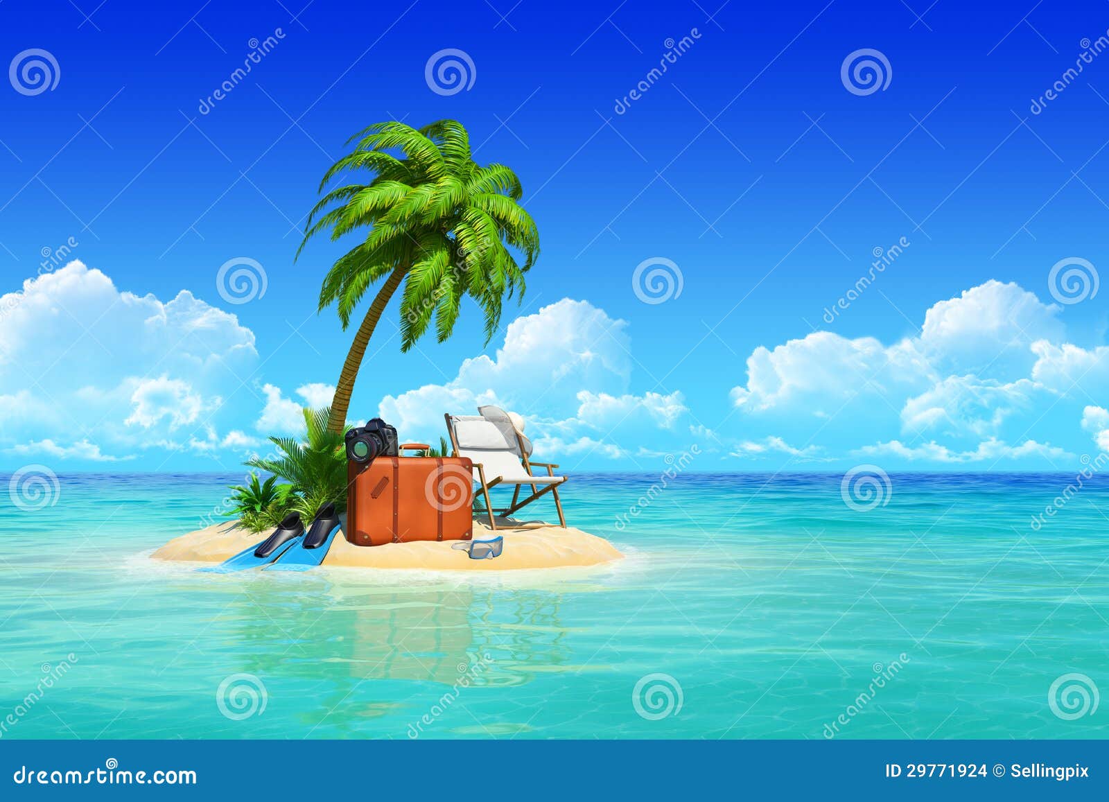 tropical island with palms, chaise lounge, suitcase.