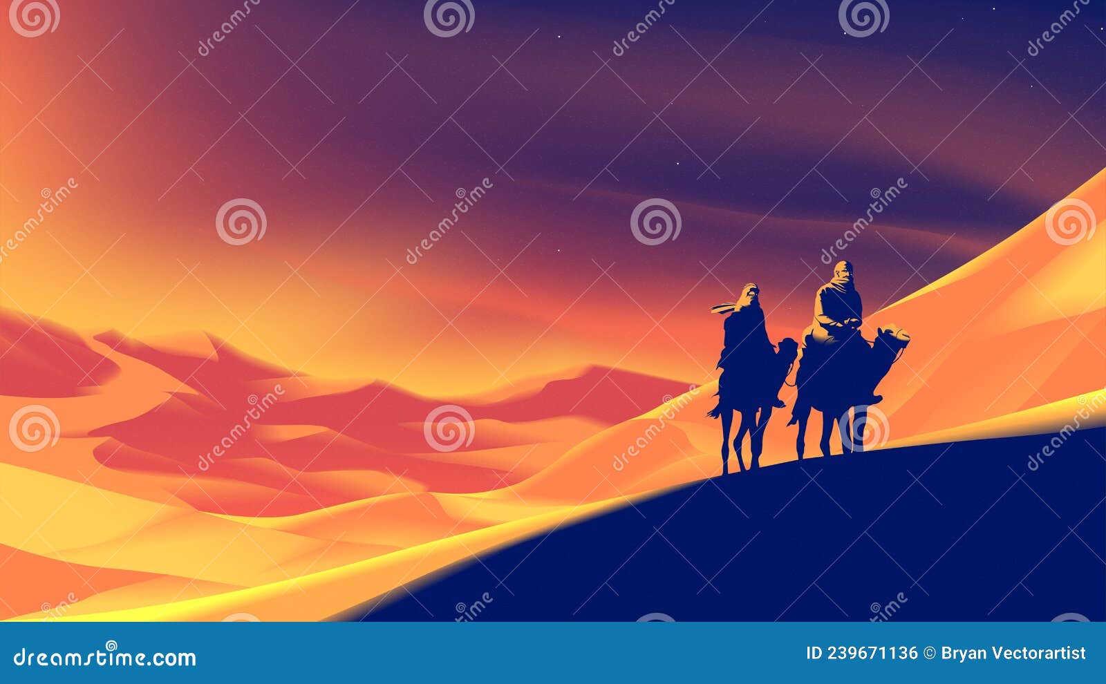 a nomad is crossing a desert with a sunset vibe