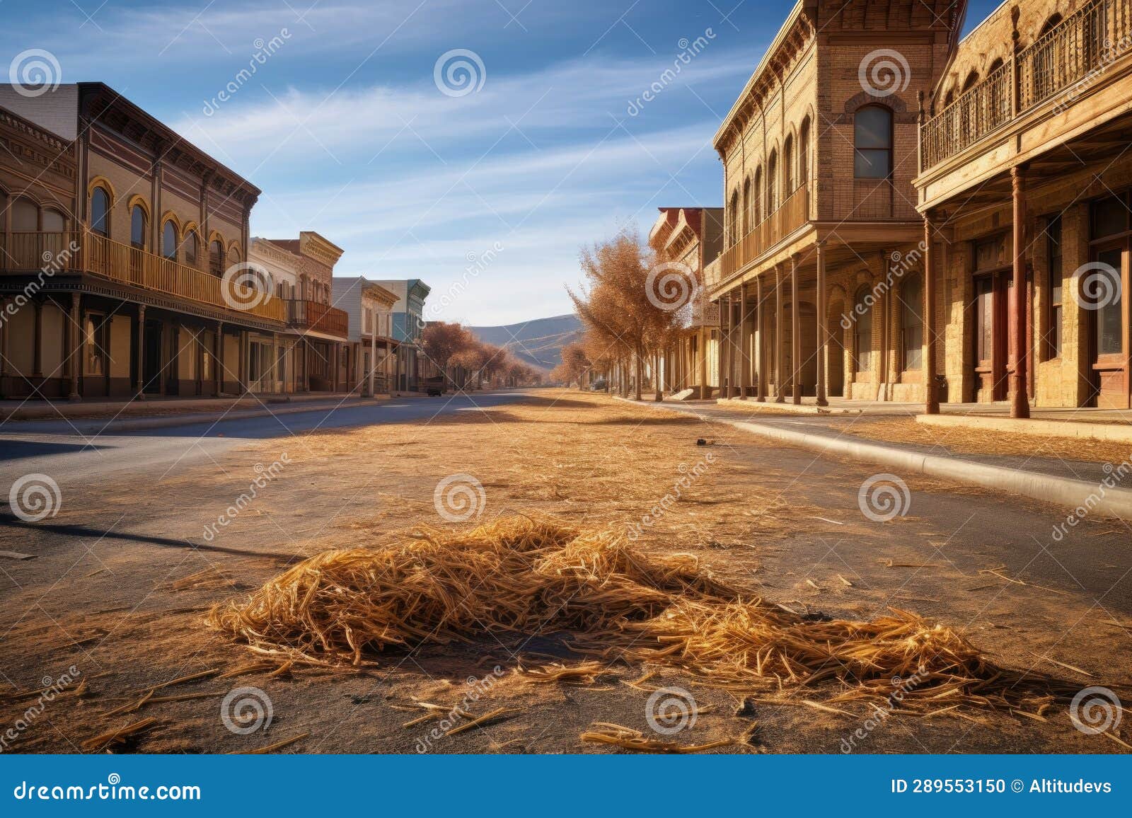 Deserted Main Street with Tumbleweed Rolling by Stock Photo Image of