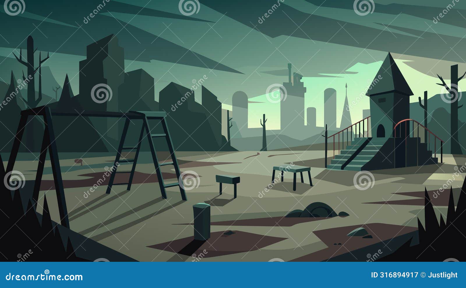 the deserted playground is filled with long shadows from the dilapidated structures creating an eerie and intimidating