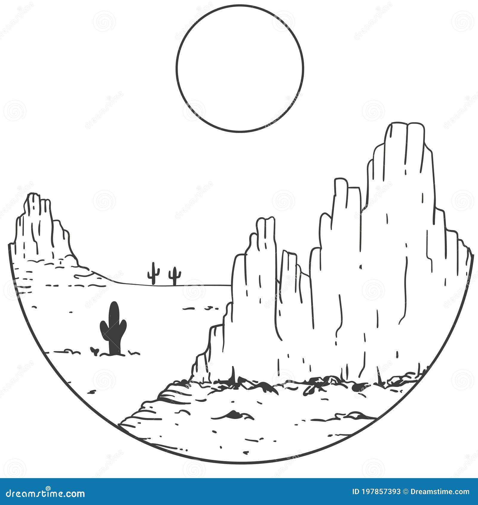 Desierto, Cactus Y Sol - Paisaje En Círculo Ilustración del Vector -  Ilustración de negro, aislado: 197857393