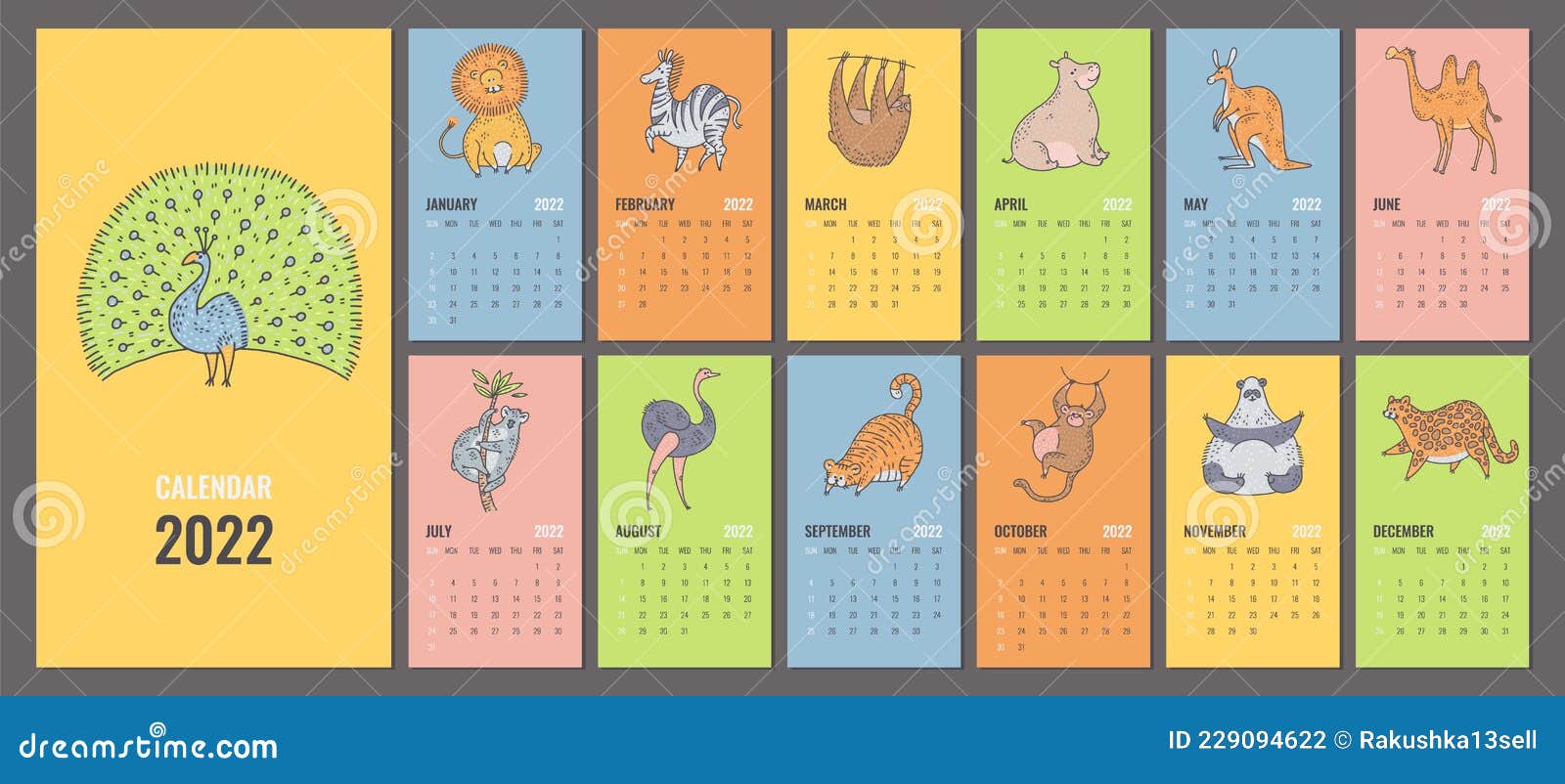 Design of 2022 Calendar or Planner with Cute Jungle Animals. Vector ...
