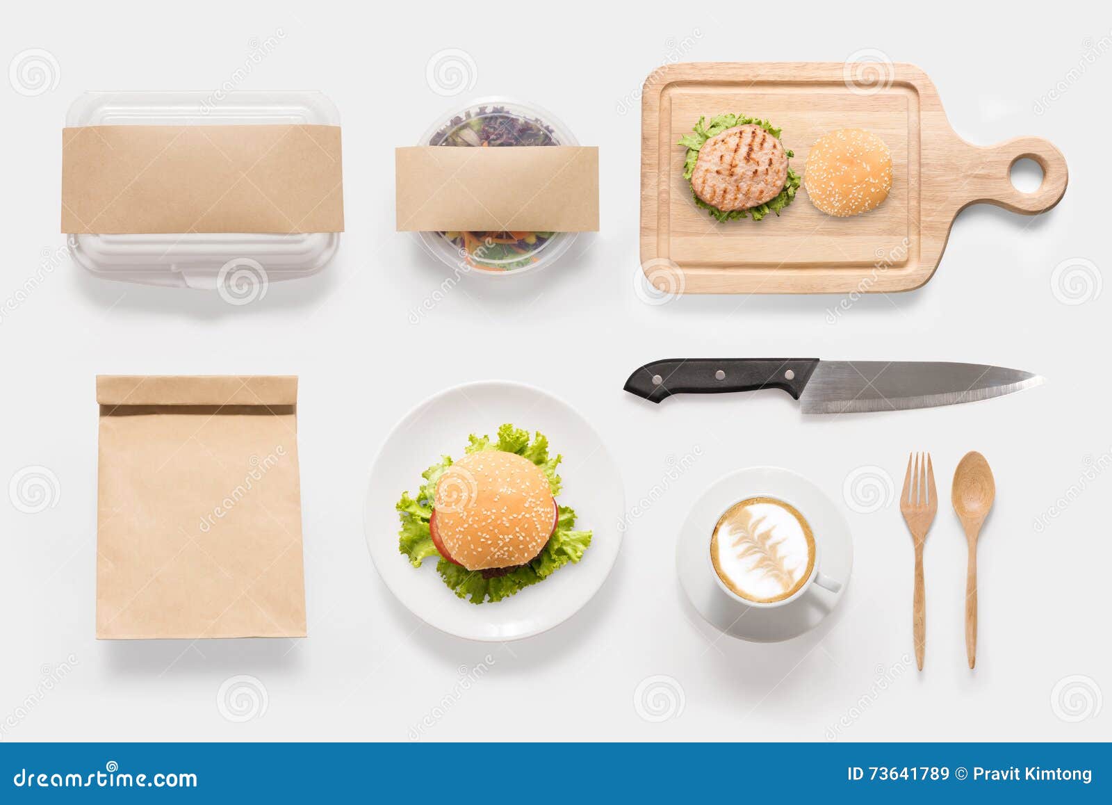 Download Design Concept Of Mockup Burger, Salad And Coffee Cup Set On Whi Stock Image - Image of eating ...