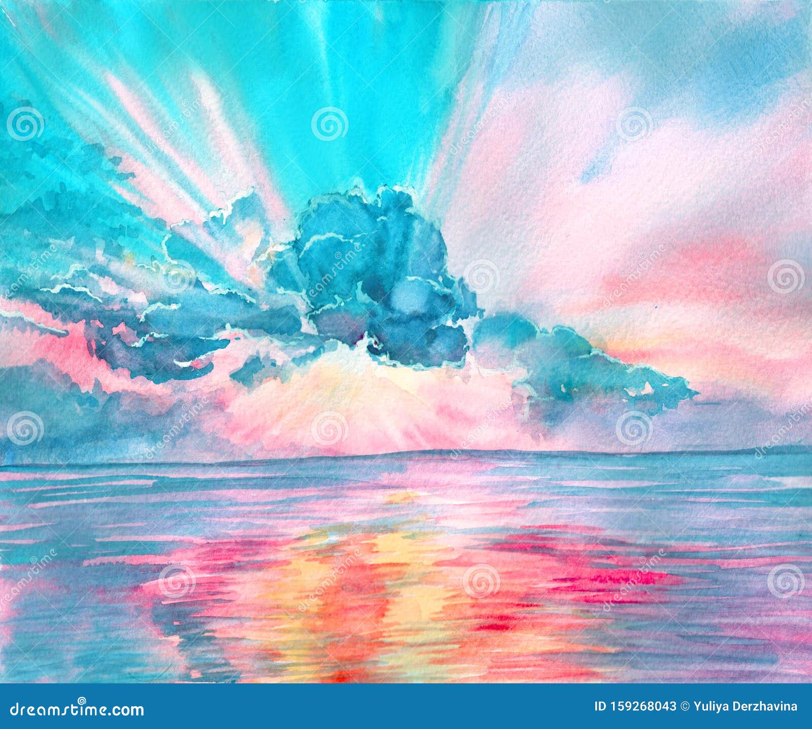 Watercolor Seascape Beautiful Sunrise Sunset Stock Image Image Of Ocean Blue