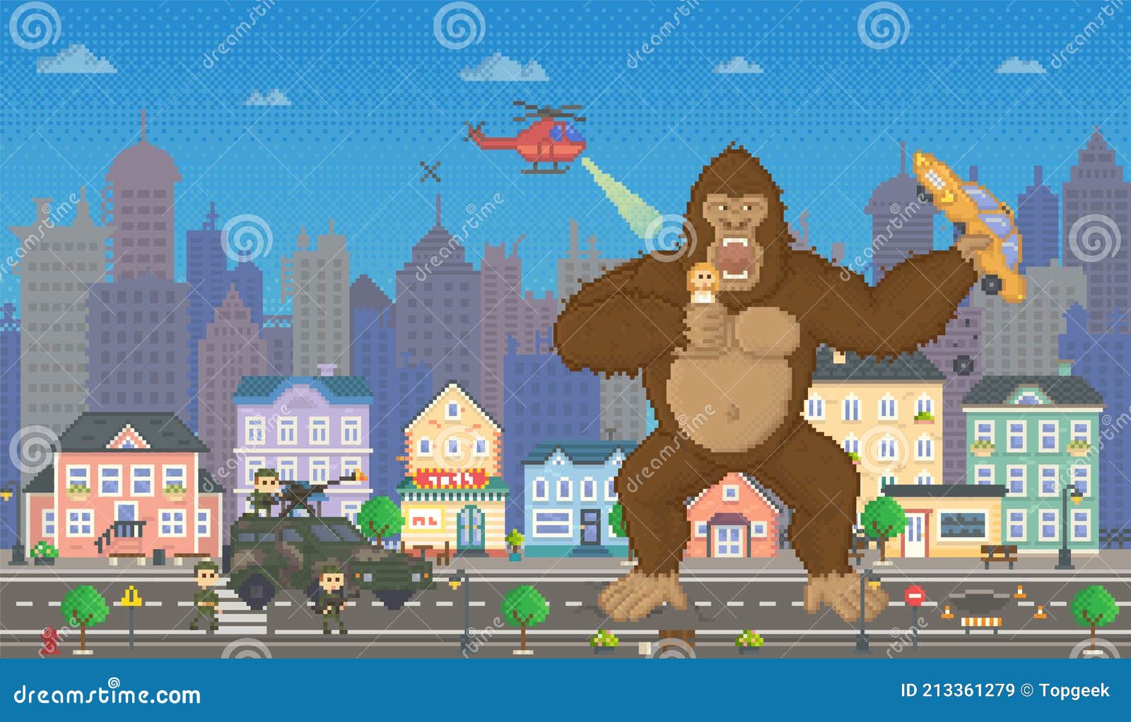 Design De Layout De Jogo Em Pixel Do King Kong. Gorila Ataca Humanidade  Segura Garota E Carro Em Suas Mãos Ilustração do Vetor - Ilustração de  retro, desenho: 214214068