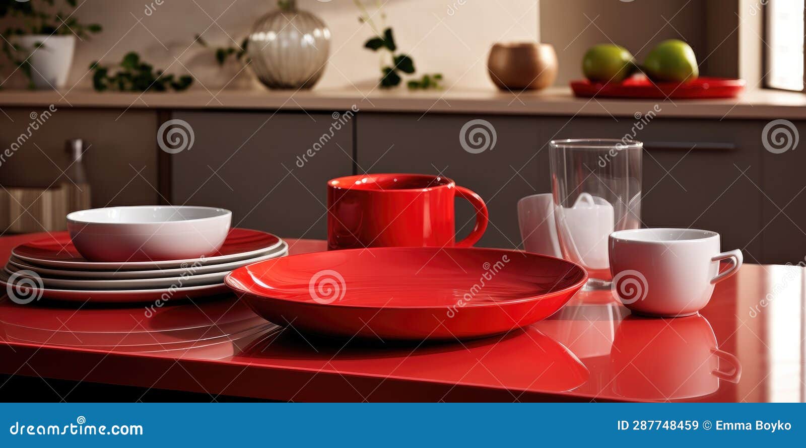 Design Different Red Dishes on the Shelf in the Kitchen. Generative AI