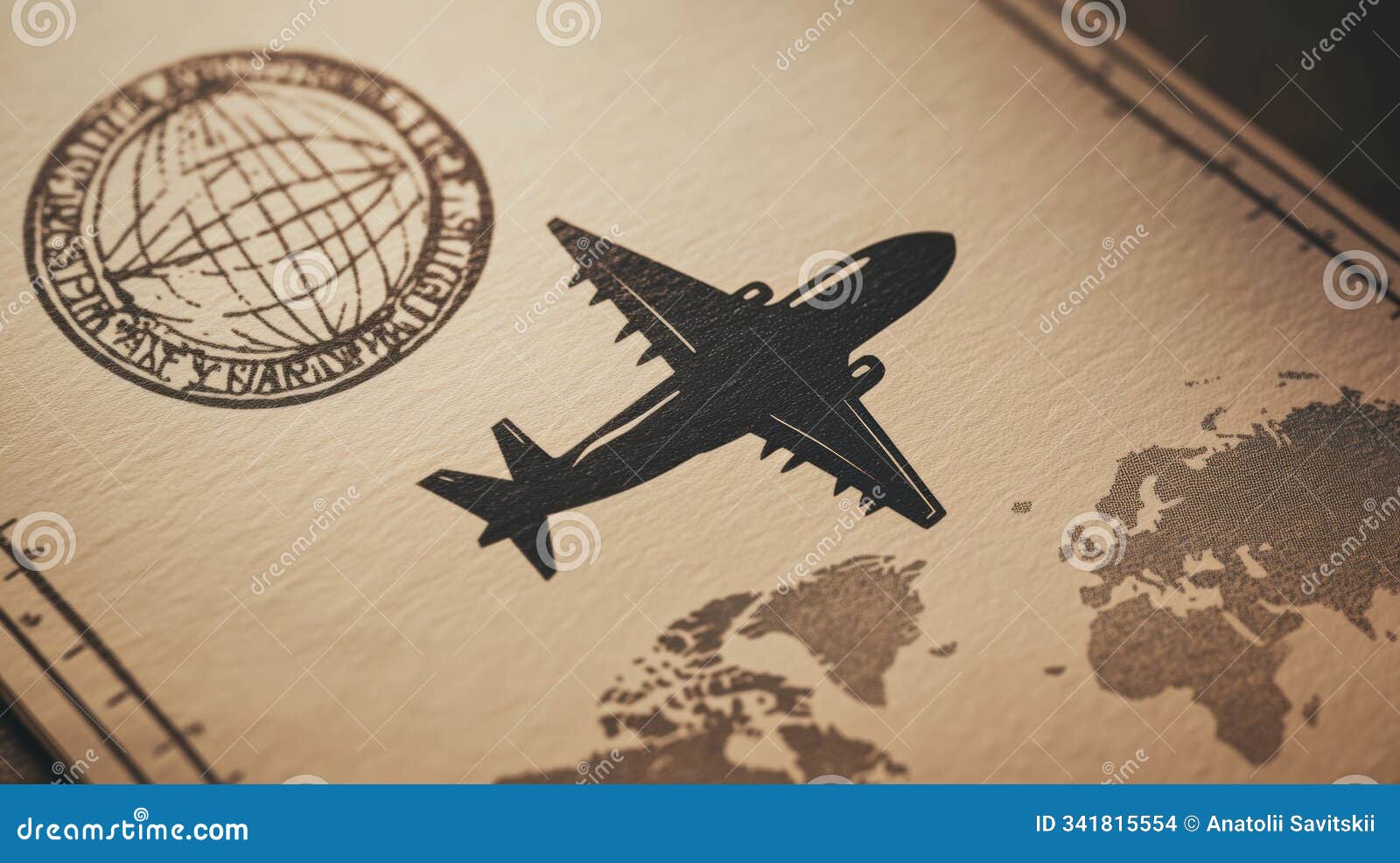 the  features a passport stamp silhouette accompanied by a subtle world map, izing global travel adventures